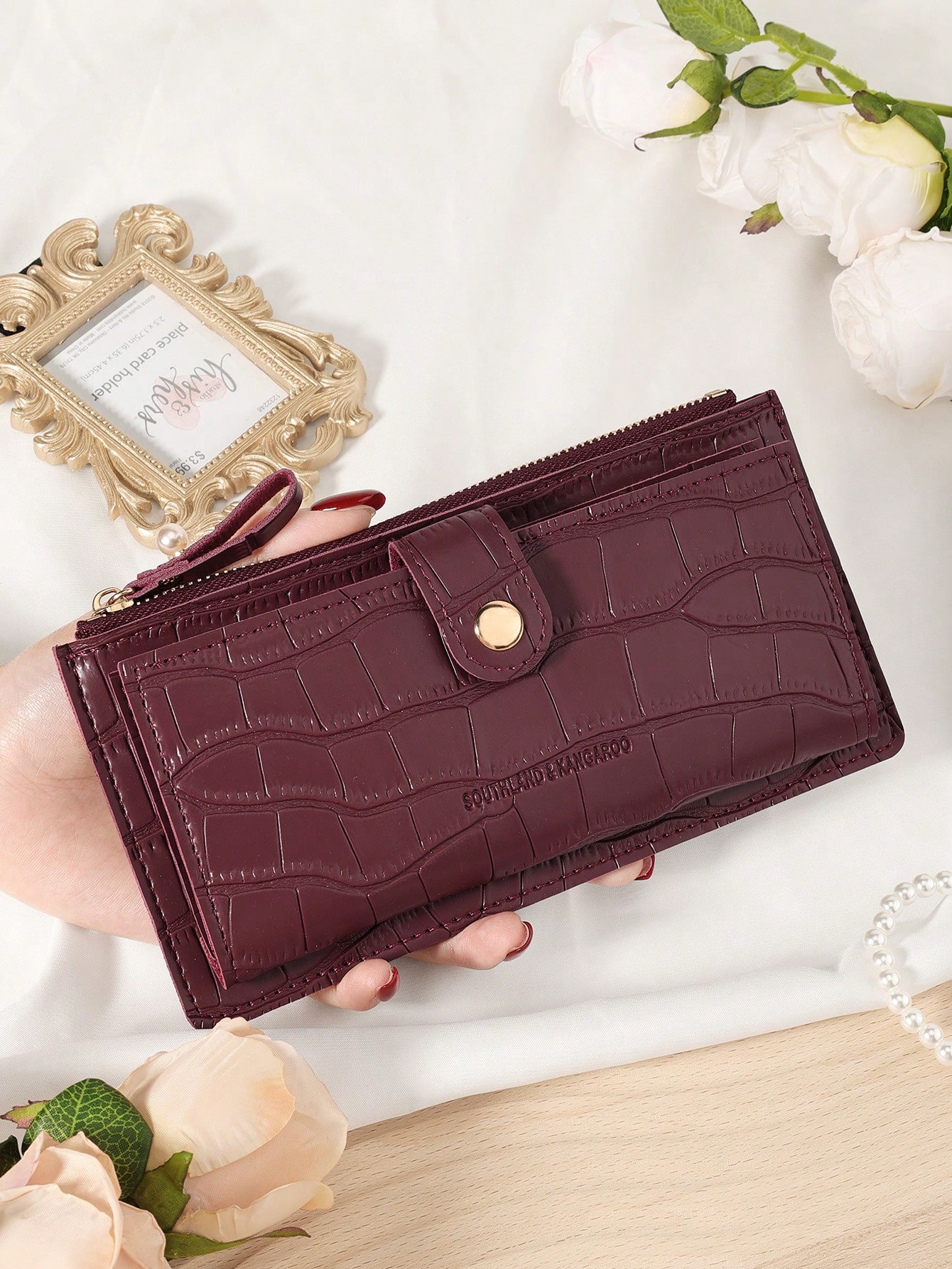 Sac bordeaux, sac rouge cerise, sac rouge vin, portefeuille long pliant pour femme avec — vue 7
