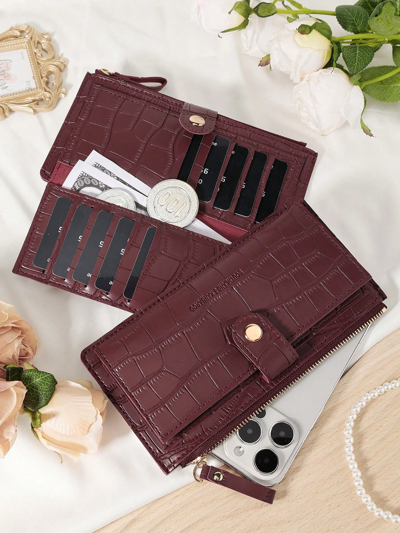 Sac bordeaux, sac rouge cerise, sac rouge vin, portefeuille long pliant pour femme avec — vue 11
