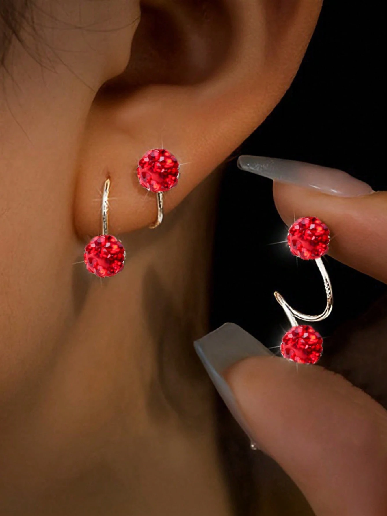 1 paire de boucles d'oreilles à boule de strass avec fermeture à vis double tête de style — vue 5