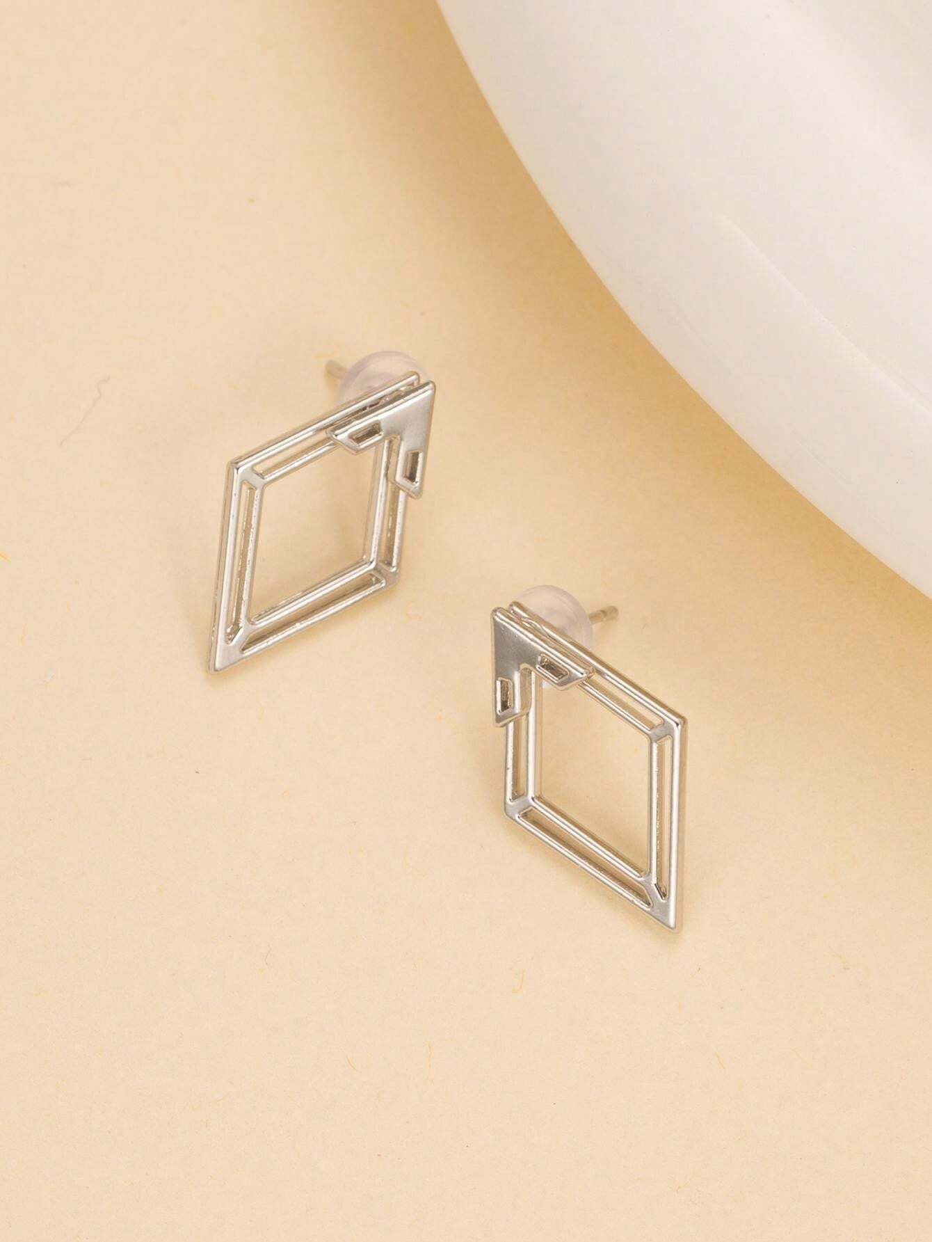 1 paire Boucles d'oreilles géométriques minimalistes creuses en forme de diamant, avant — vue 6