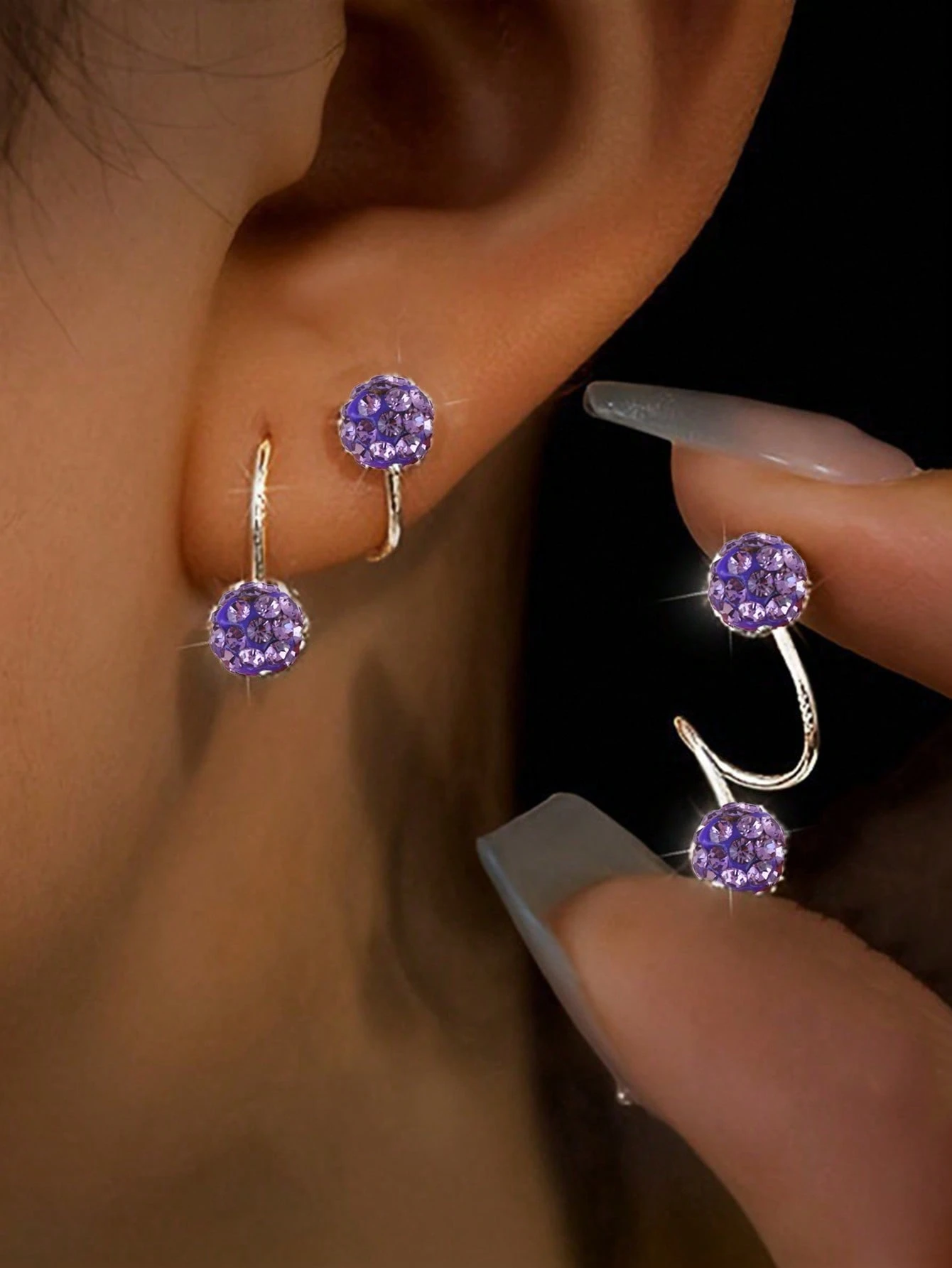 1 paire de boucles d'oreilles à boule de strass avec fermeture à vis double tête de style — vue 9