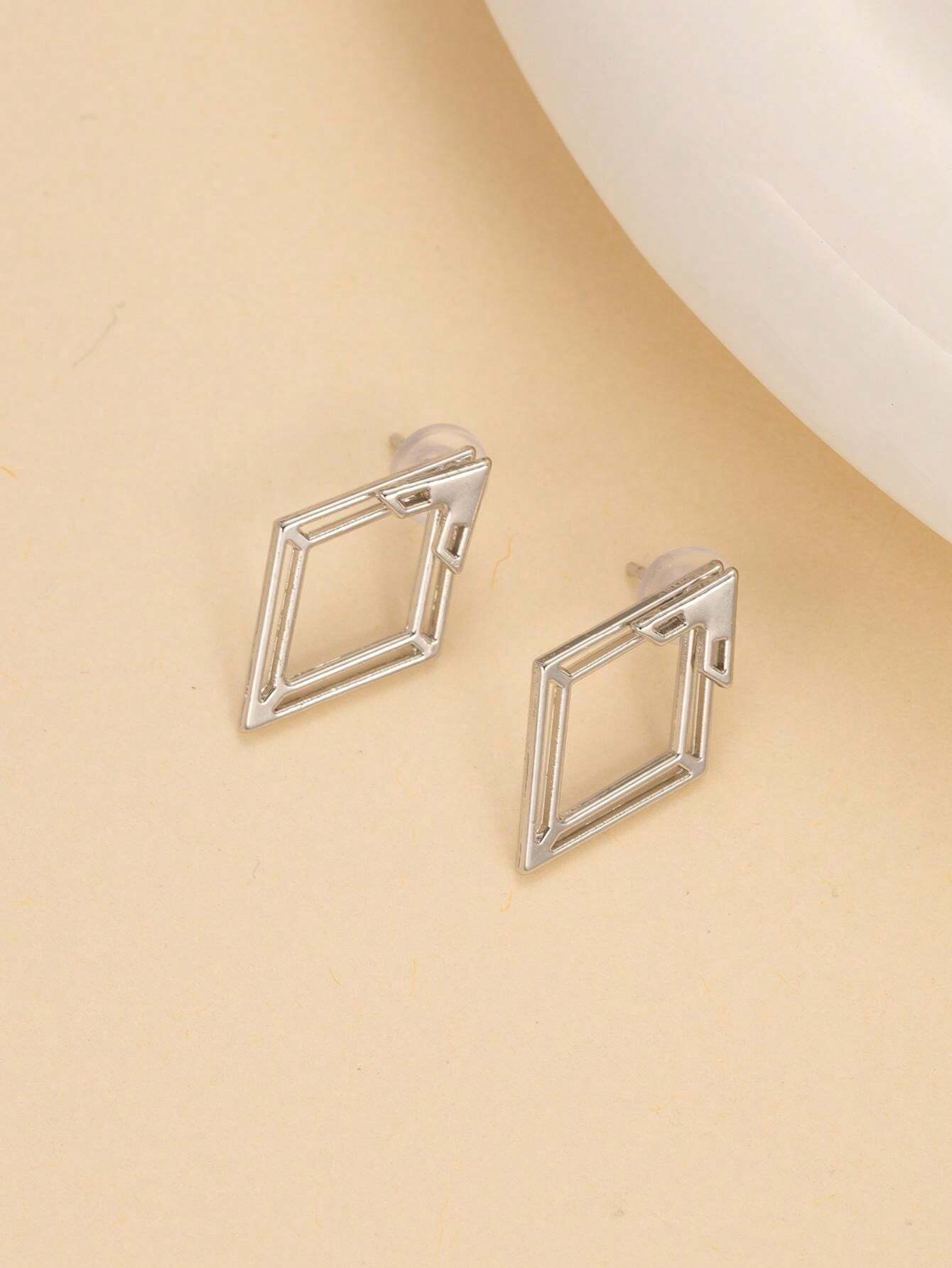 1 paire Boucles d'oreilles géométriques minimalistes creuses en forme de diamant, avant — vue 9