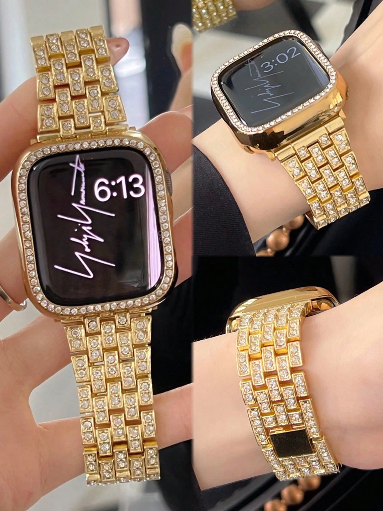 Bracelet de montre en métal or rose avec diamants, élégant et luxueux, avec boîtier or — vue 2