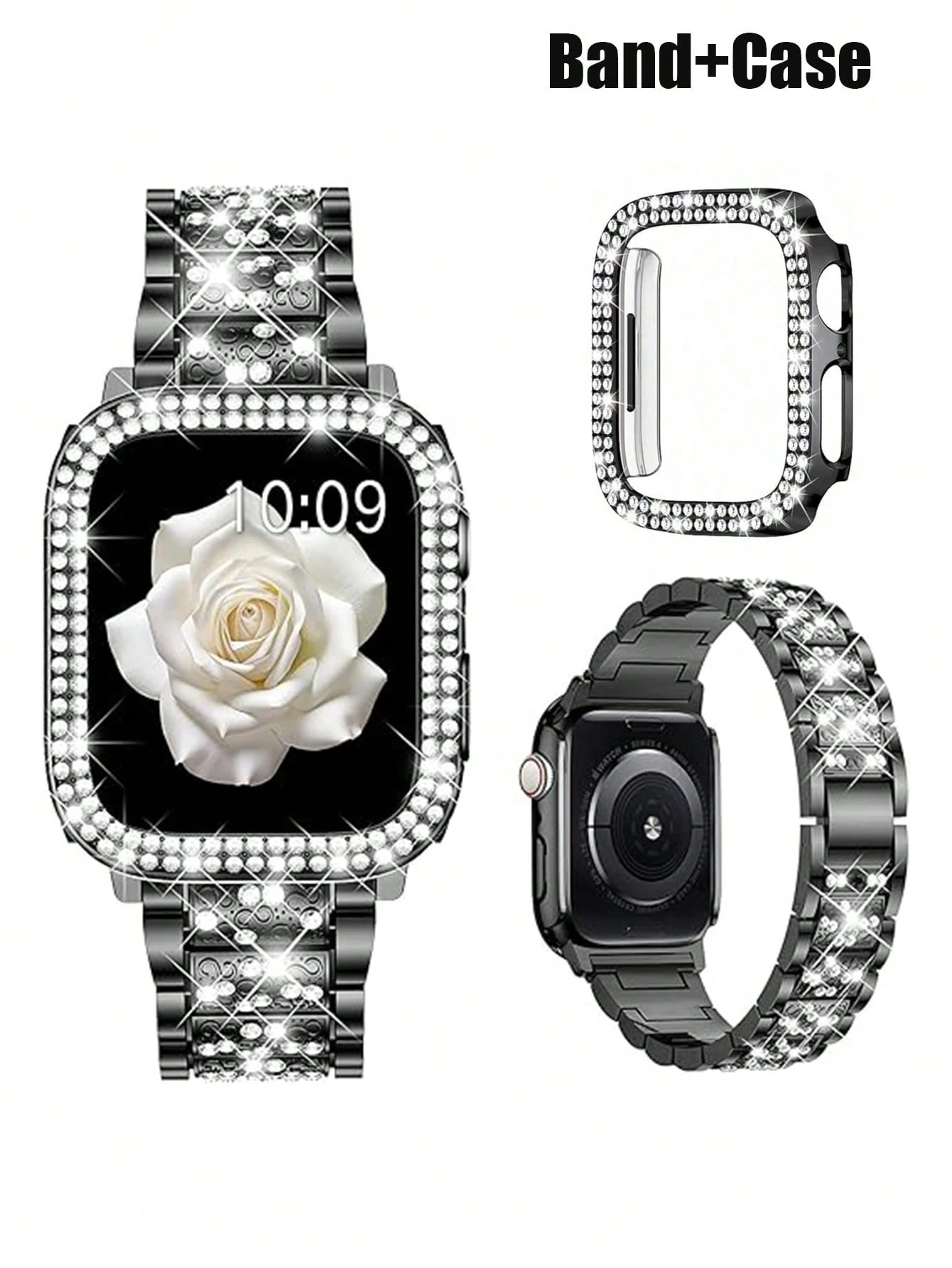 Bracelet de montre incrusté de strass scintillants et boîtier compatible avec Apple Watch — vue 3