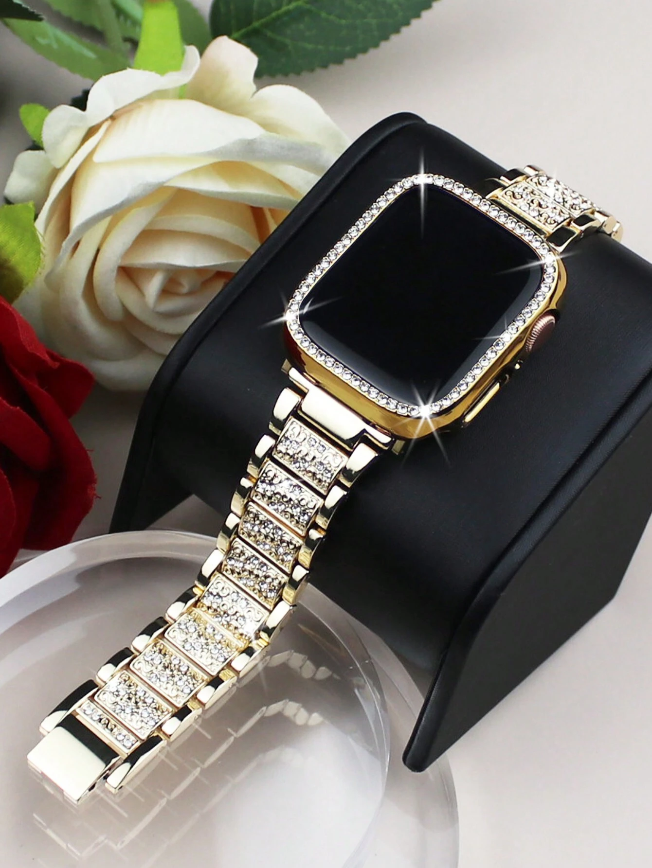 Bracelet de montre incrusté de strass scintillants et boîtier compatible avec Apple Watch
