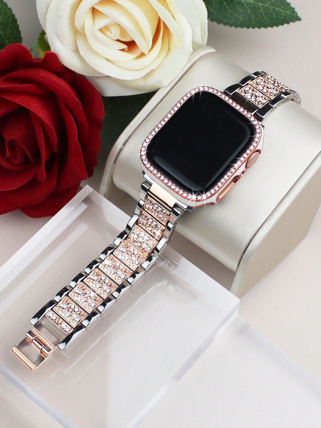 Bracelet de montre incrusté de strass scintillants et boîtier compatible avec Apple Watch — vue 7