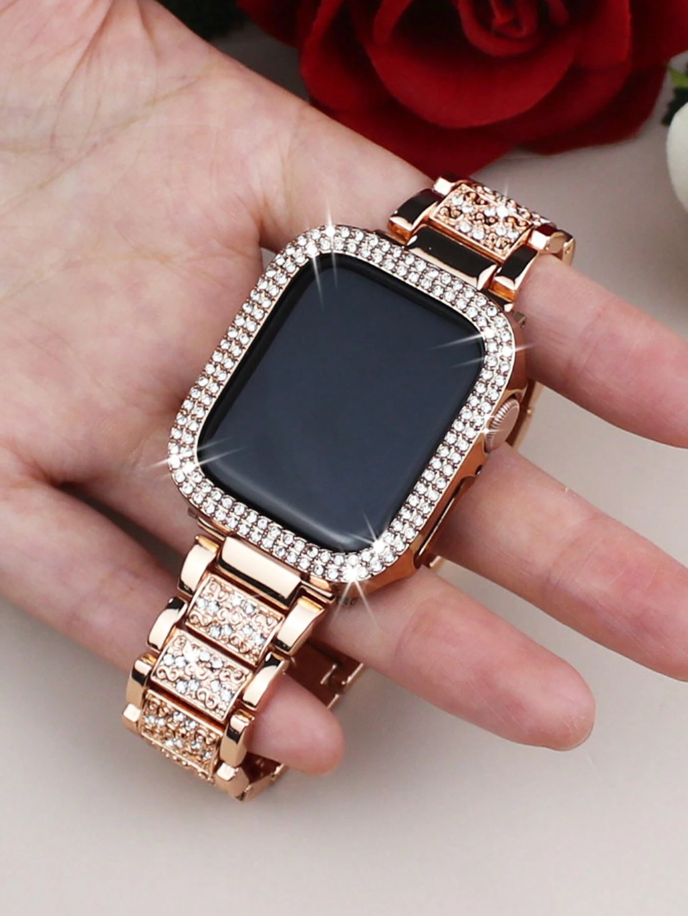 Bracelet de montre incrusté de strass scintillants et boîtier compatible avec Apple Watch — vue 11