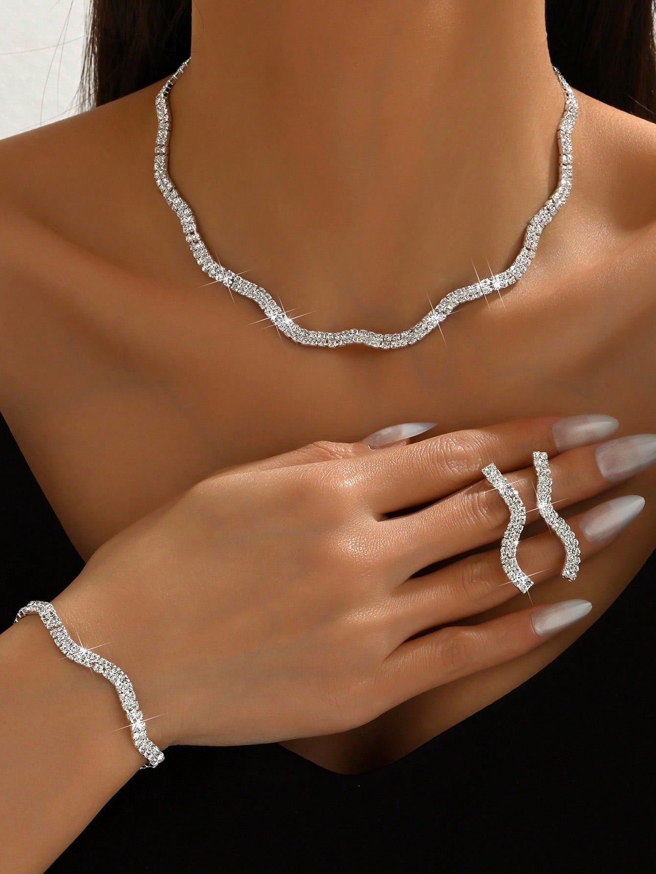 Ensemble de bijoux pour femmes - Collier, Boucles d'oreilles, Bracelet, Motif Losange,