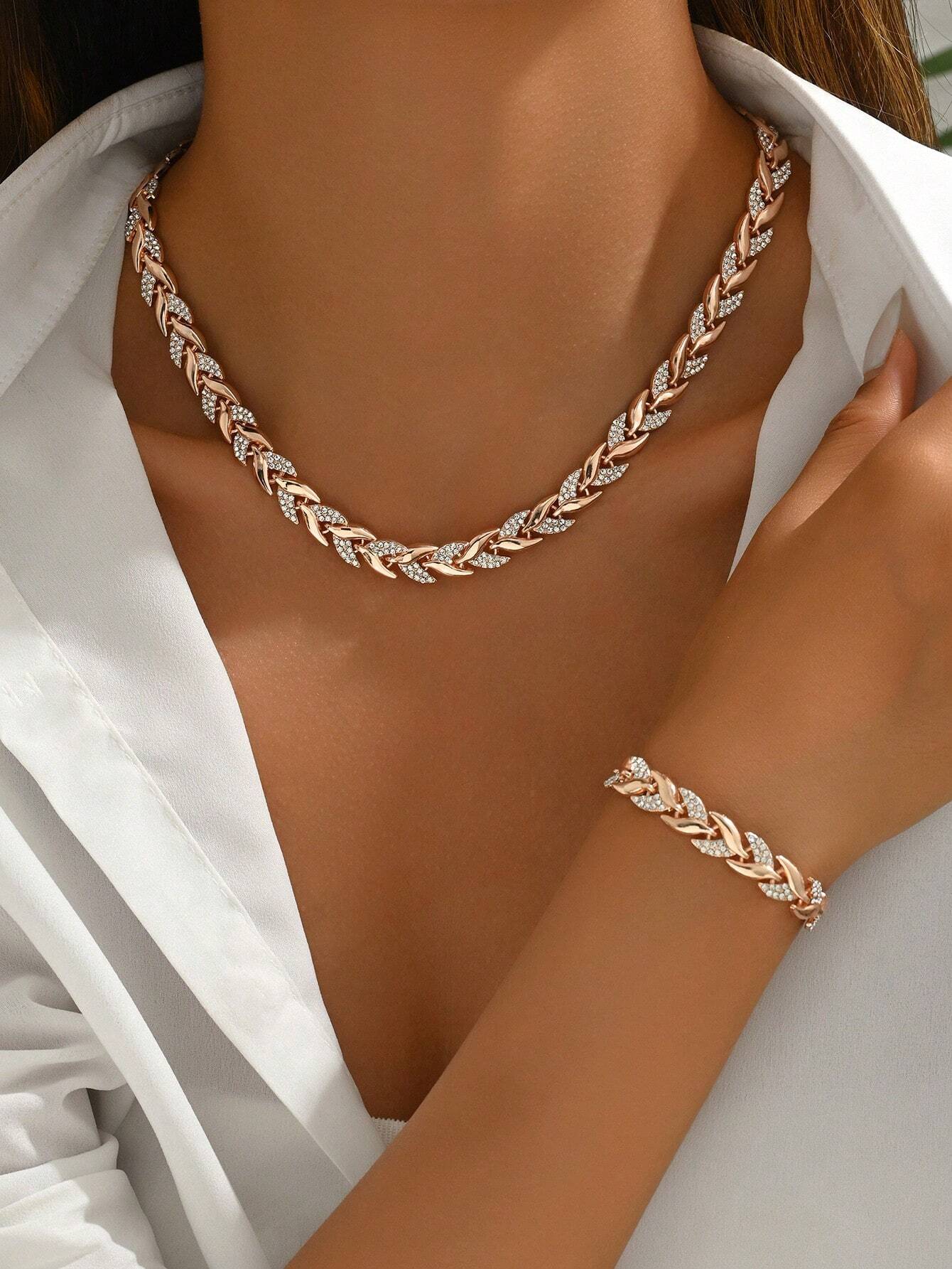 1 ensemble bracelet et collier liés en cristal or rose, bijou élégant et pour femme,