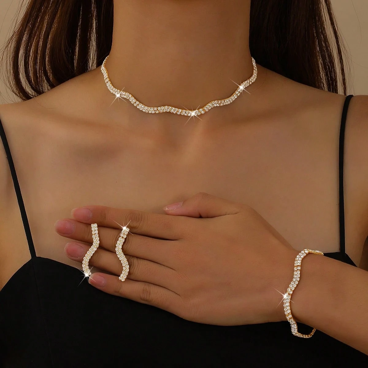 Ensemble de bijoux pour femmes - Collier, Boucles d'oreilles, Bracelet, Motif Losange, — vue 8