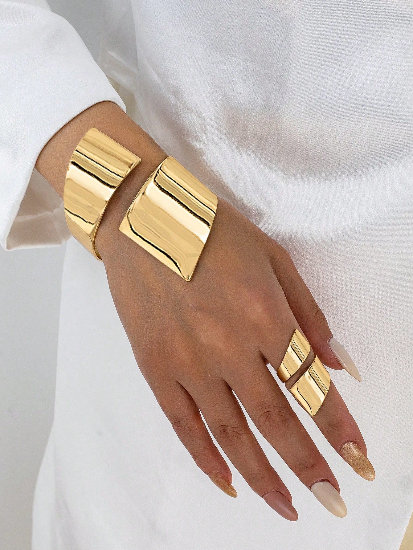 1 set de bracelet jonc géométrique doré et bague, assortiment de bracelet et bague,