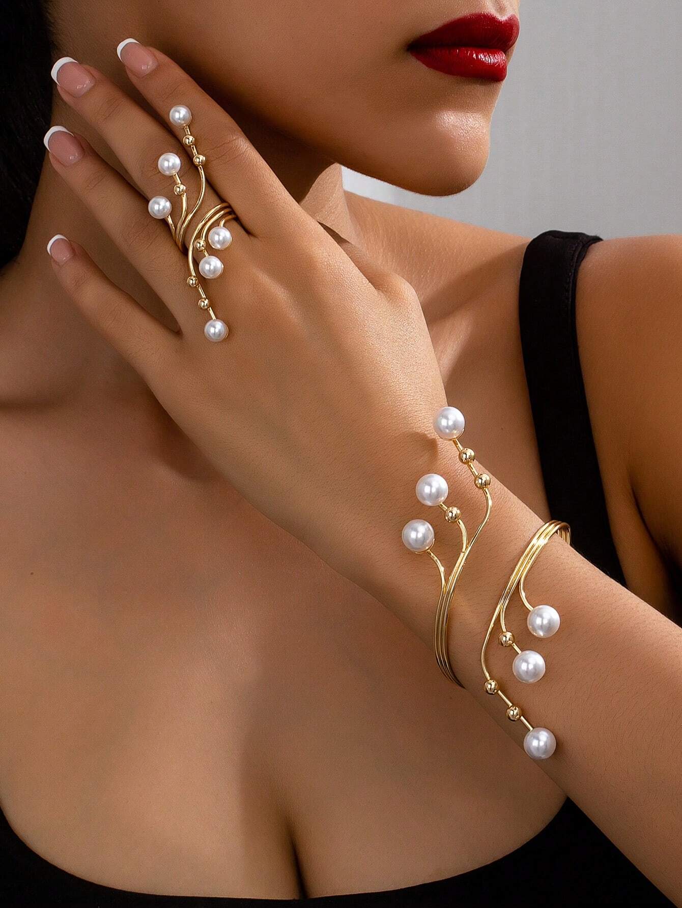 1 set Ensemble de bijoux bangle en or avec perle de ligne géométrique rétro chic et bague