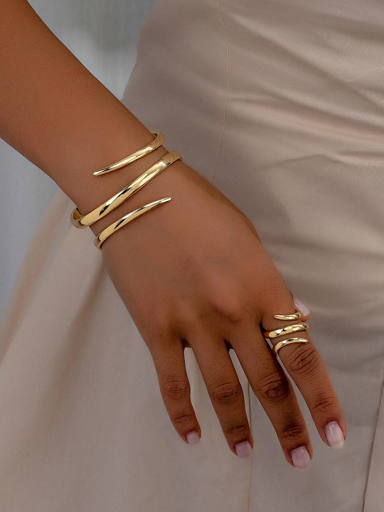 1 set Ensemble de bijoux bangle en or avec perle de ligne géométrique rétro chic et bague — vue 2