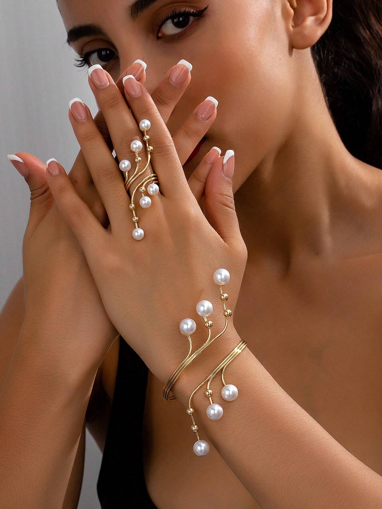 1 set Ensemble de bijoux bangle en or avec perle de ligne géométrique rétro chic et bague — vue 6