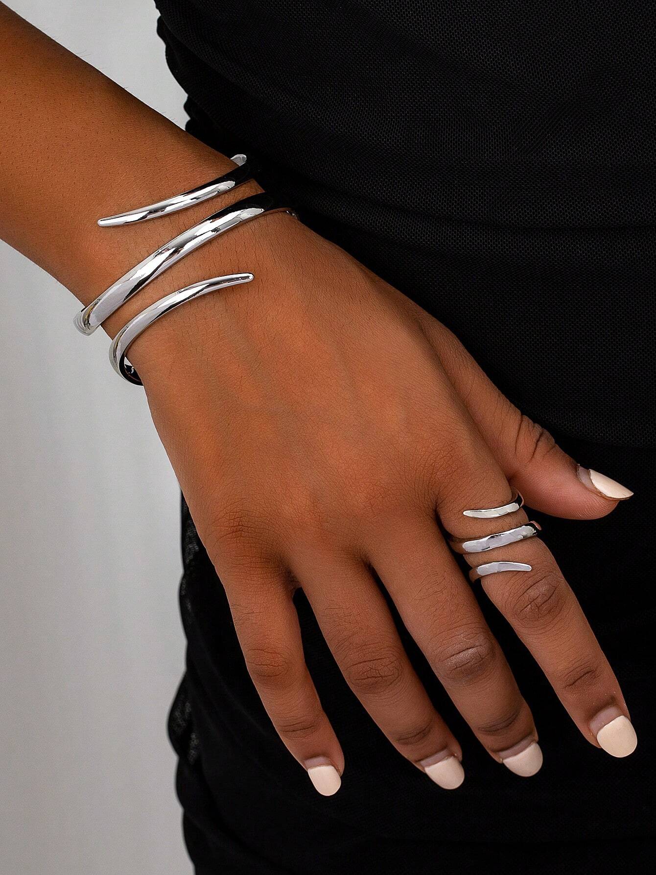 1 set Ensemble de bijoux bangle en or avec perle de ligne géométrique rétro chic et bague — vue 3