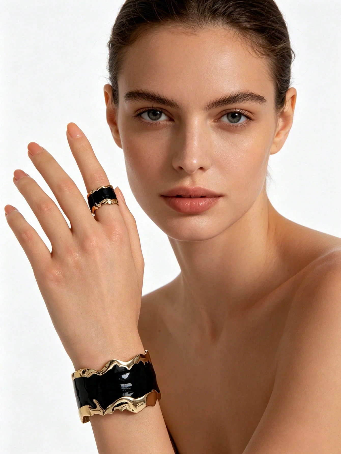 1 set Ensemble de bijoux bangle en or avec perle de ligne géométrique rétro chic et bague — vue 4