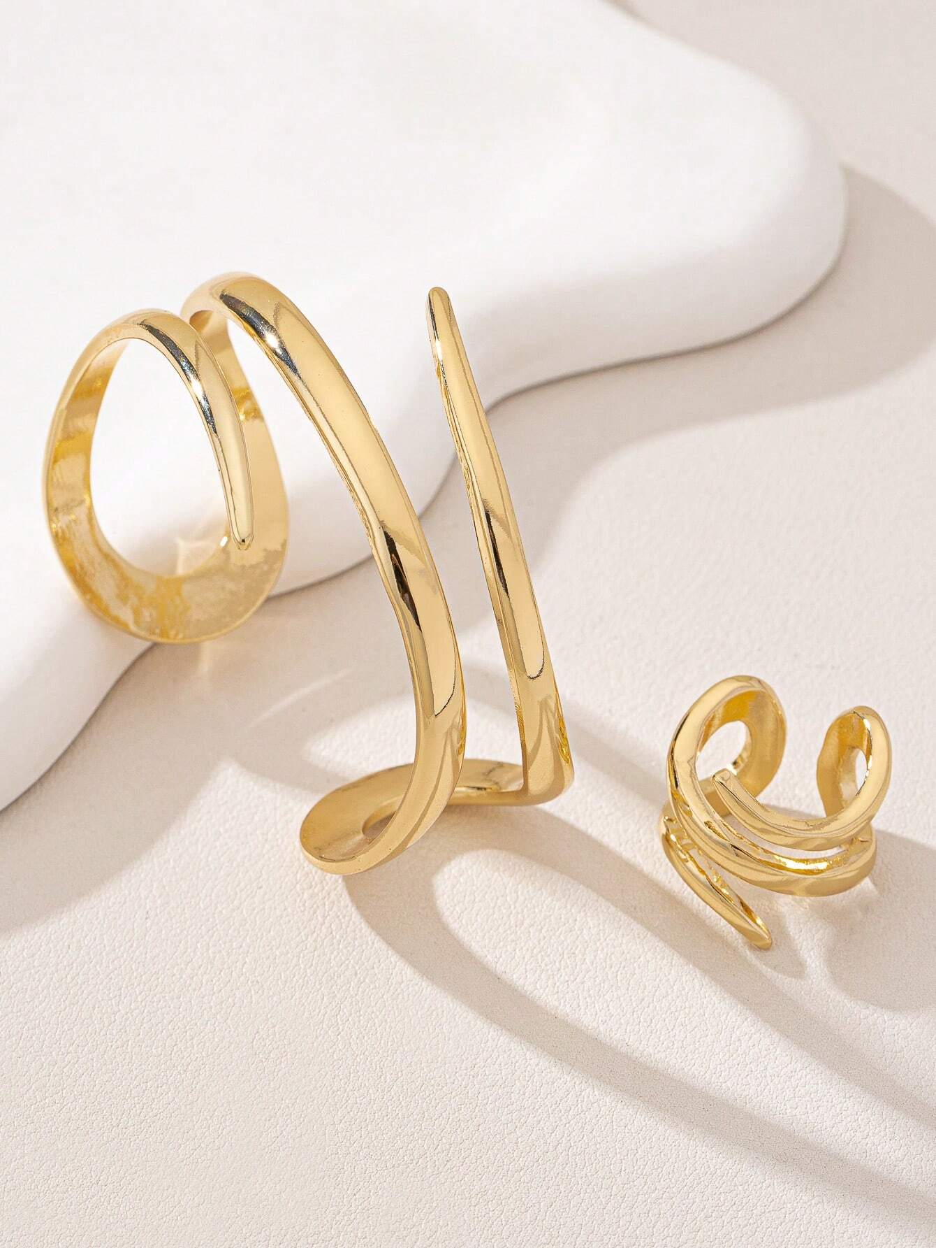 1 set Ensemble de bijoux bangle en or avec perle de ligne géométrique rétro chic et bague — vue 12