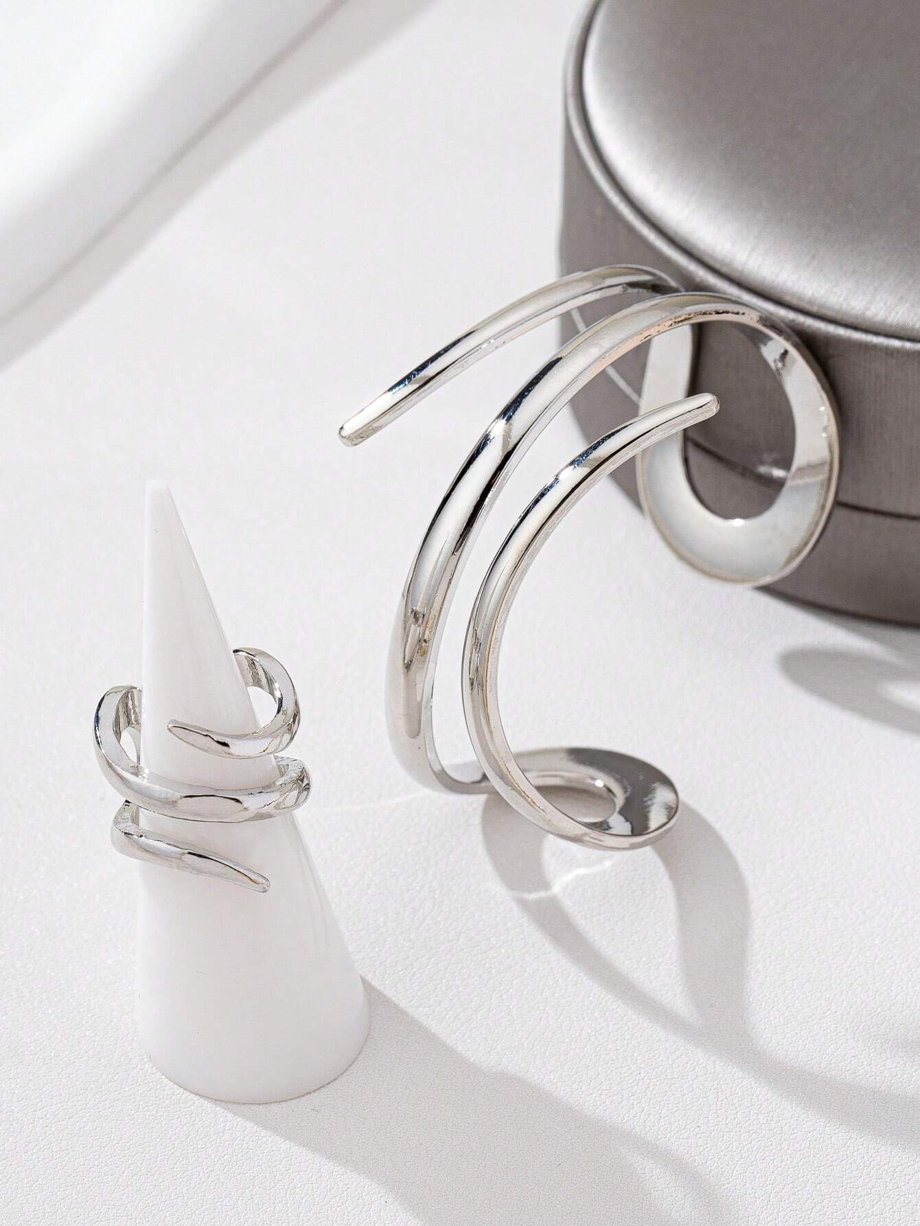 1 set Ensemble de bijoux bangle en or avec perle de ligne géométrique rétro chic et bague — vue 8