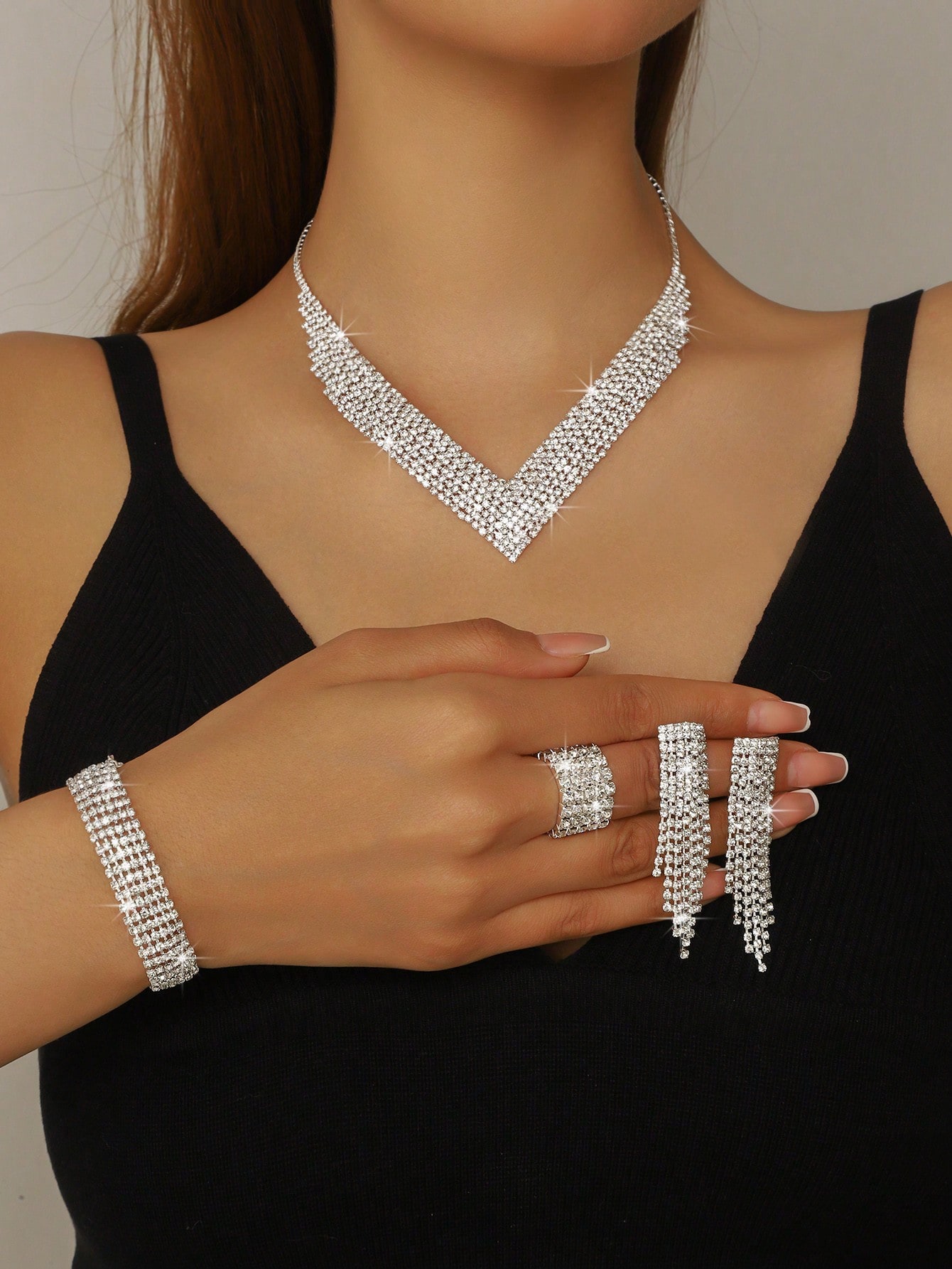Ensemble de bijoux de mariée, boucles d'oreilles à franges brillants en cristal, collier