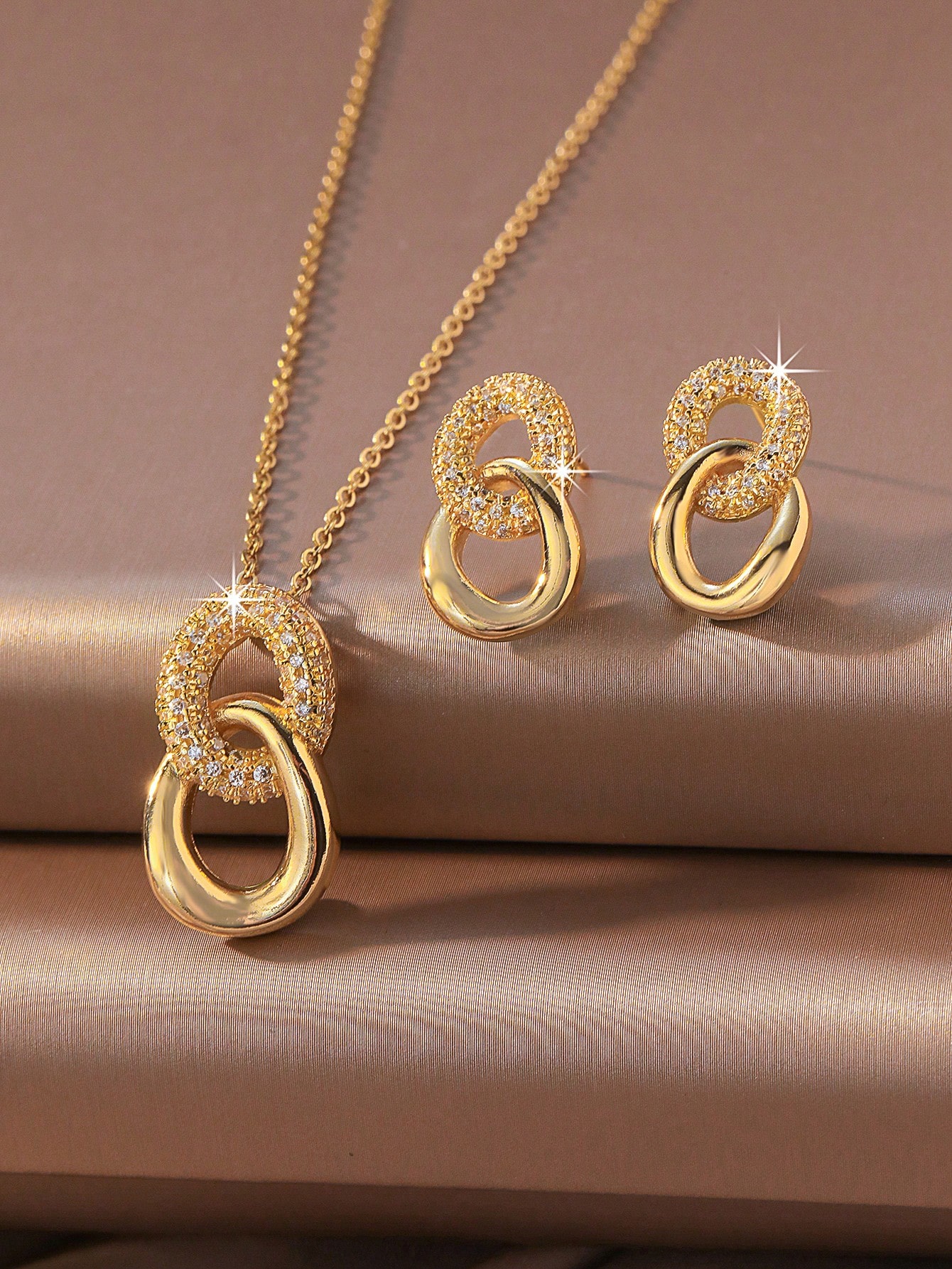 /Set Collier pendentif ovale double entrelacé or/argent pour femmes & boucles d'oreilles