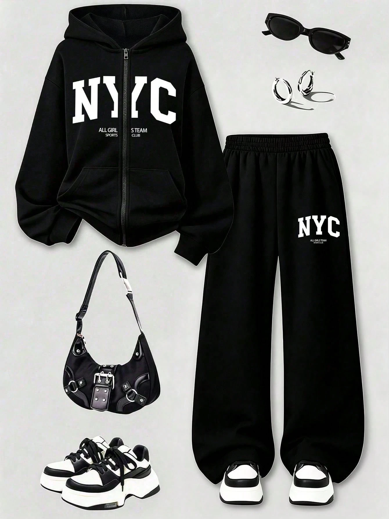 Ensemble 2 pièces pour adolescentes: sweat-shirt à capuche zippé imprimé lettres style