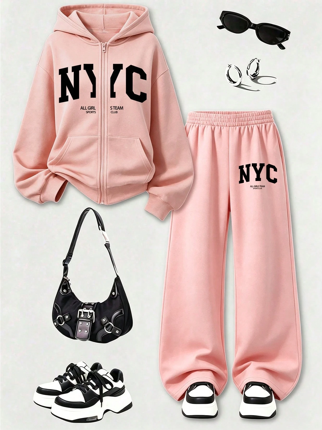 Ensemble 2 pièces pour adolescentes: sweat-shirt à capuche zippé imprimé lettres style — vue 2