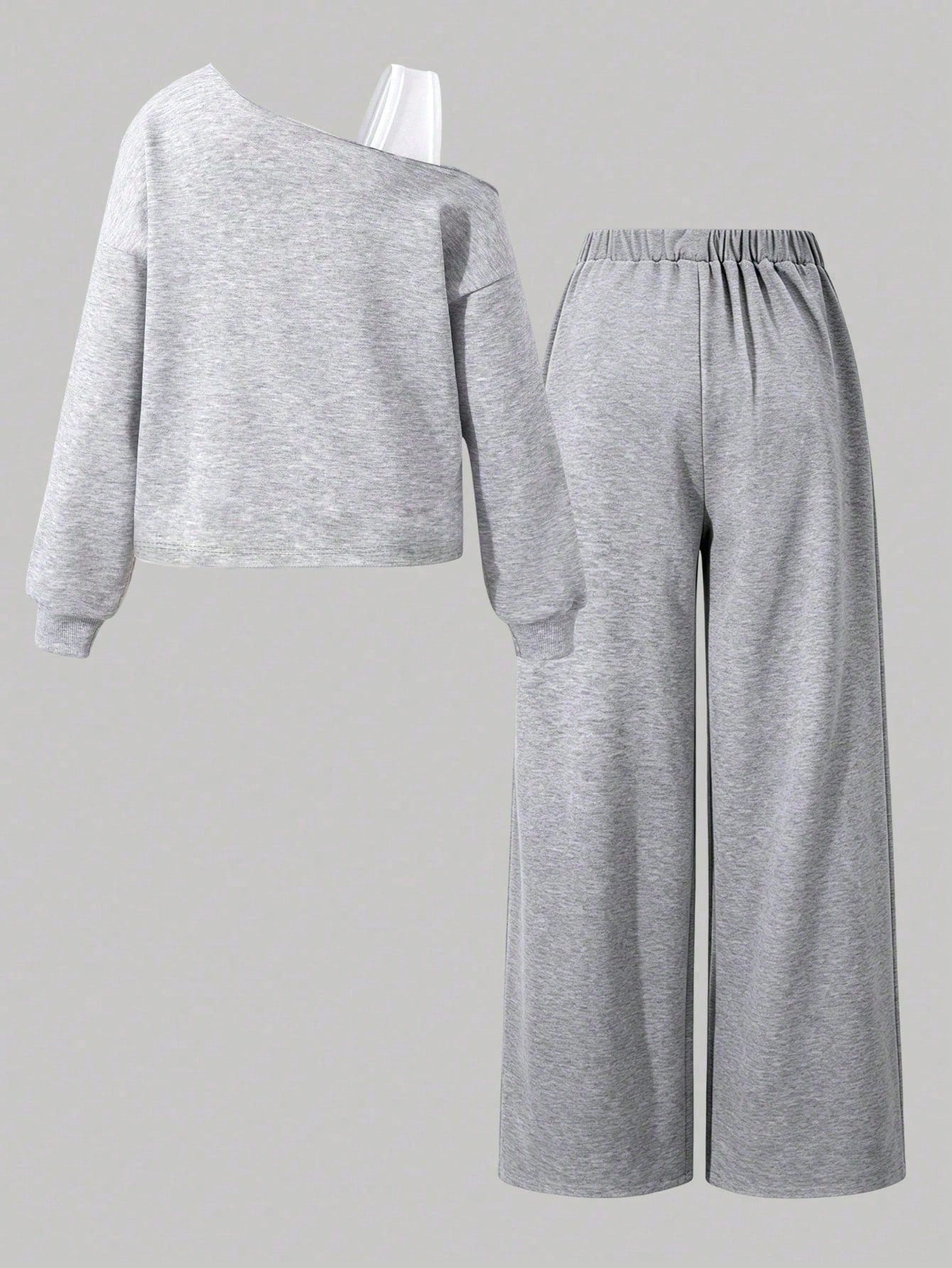 Haut à manches longues avec imprimé lettre, col rond et épaule asymétrique, et pantalon — vue 2