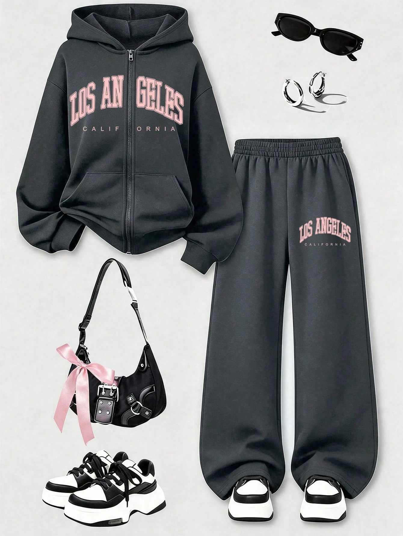Ensemble 2 pièces sweat-shirt à capuche zippé + pantalon long décontracté pour