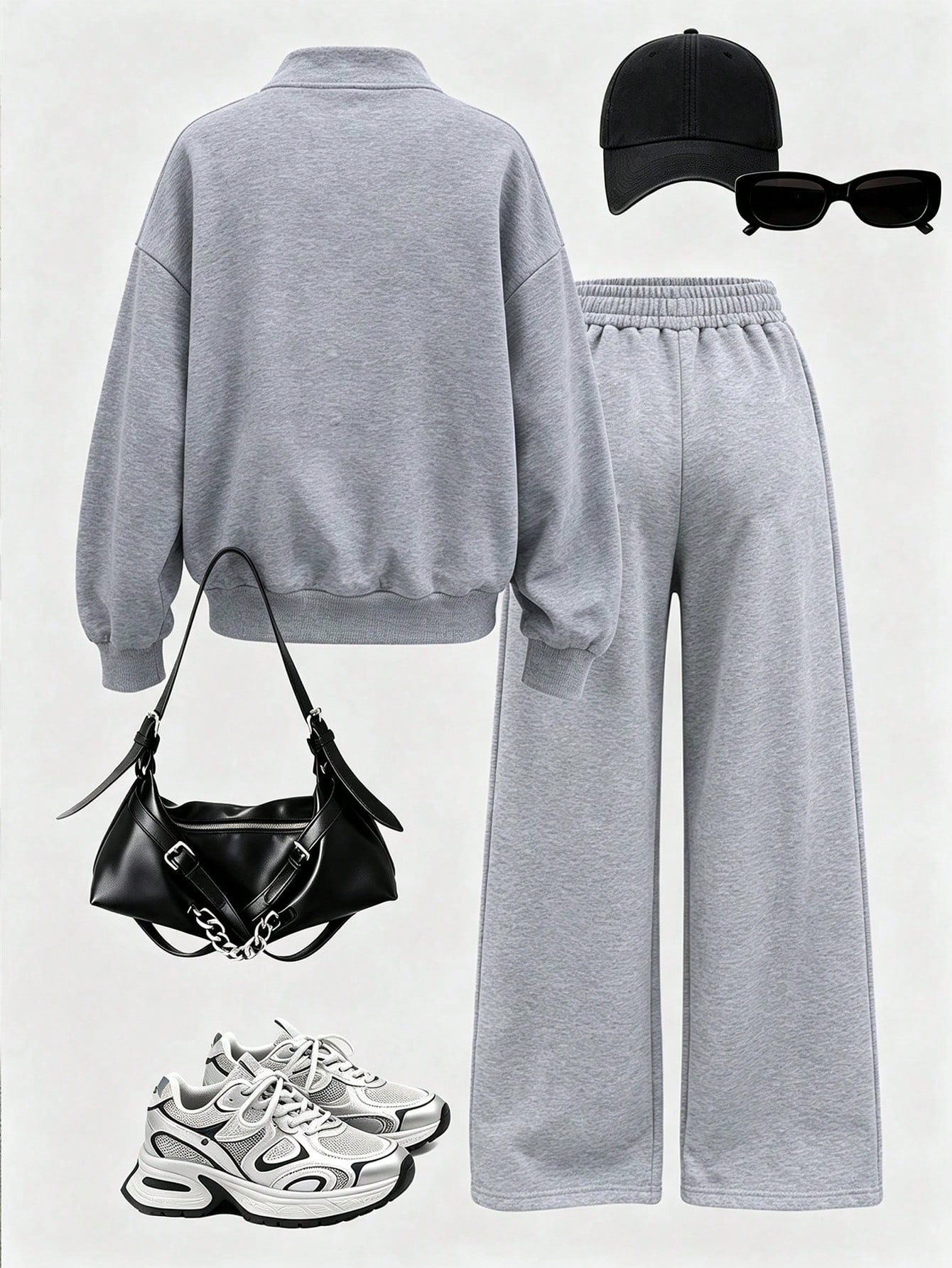 Ensemble 2 pièces sweat-shirt à demi-zip et pantalon large pour jeunes femmes et filles, — vue 3