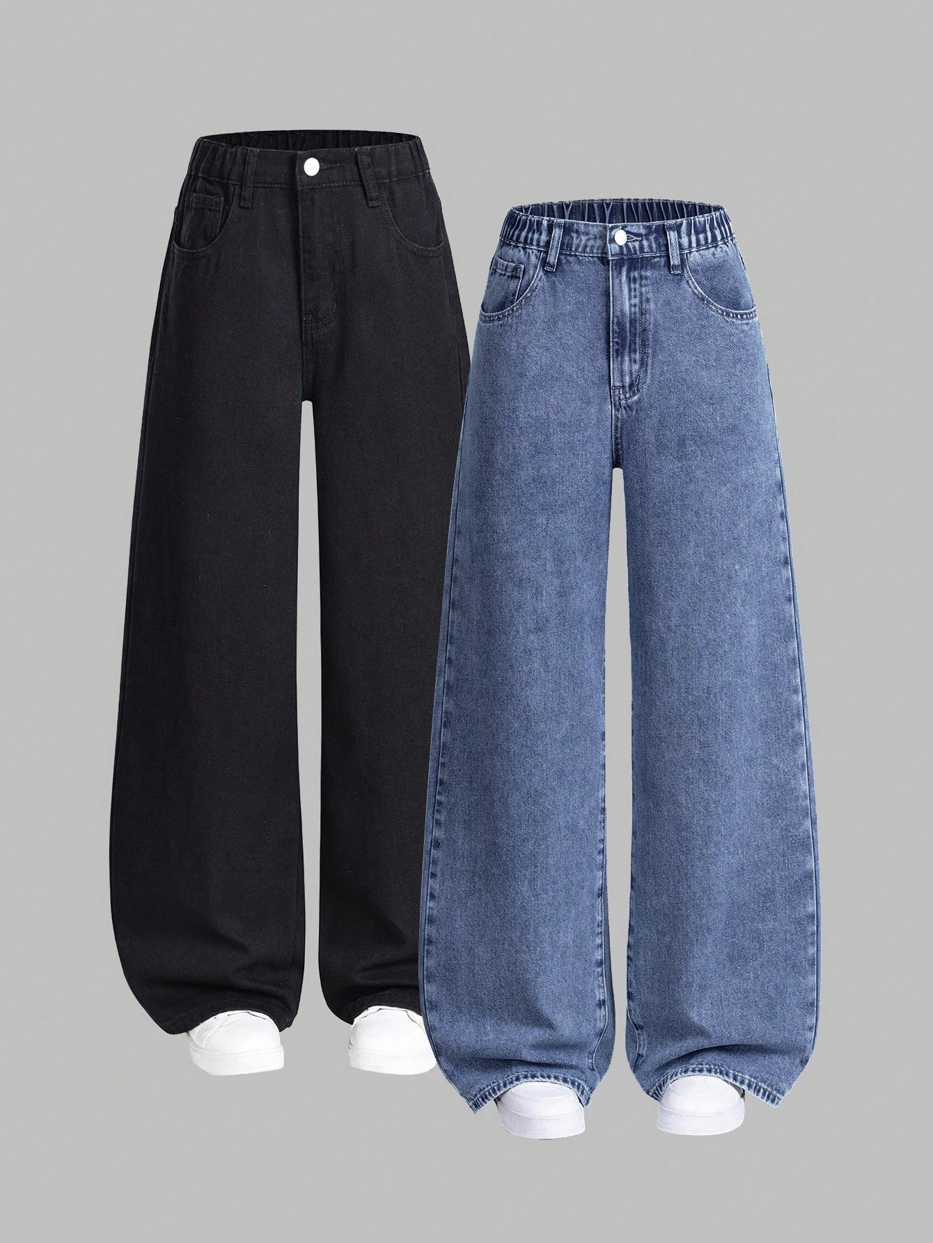 2 pièces Jeans décontractés à jambe droite ample et polyvalente pour adolescentes