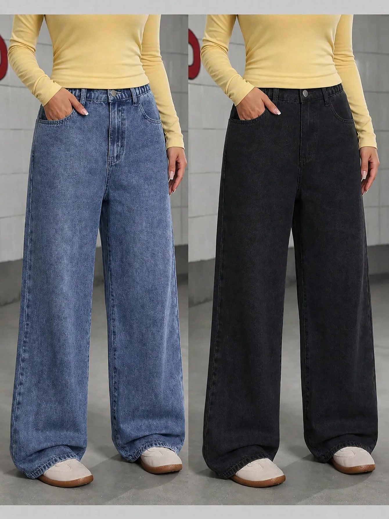 2 pièces Jeans décontractés à jambe droite ample et polyvalente pour adolescentes — vue 4