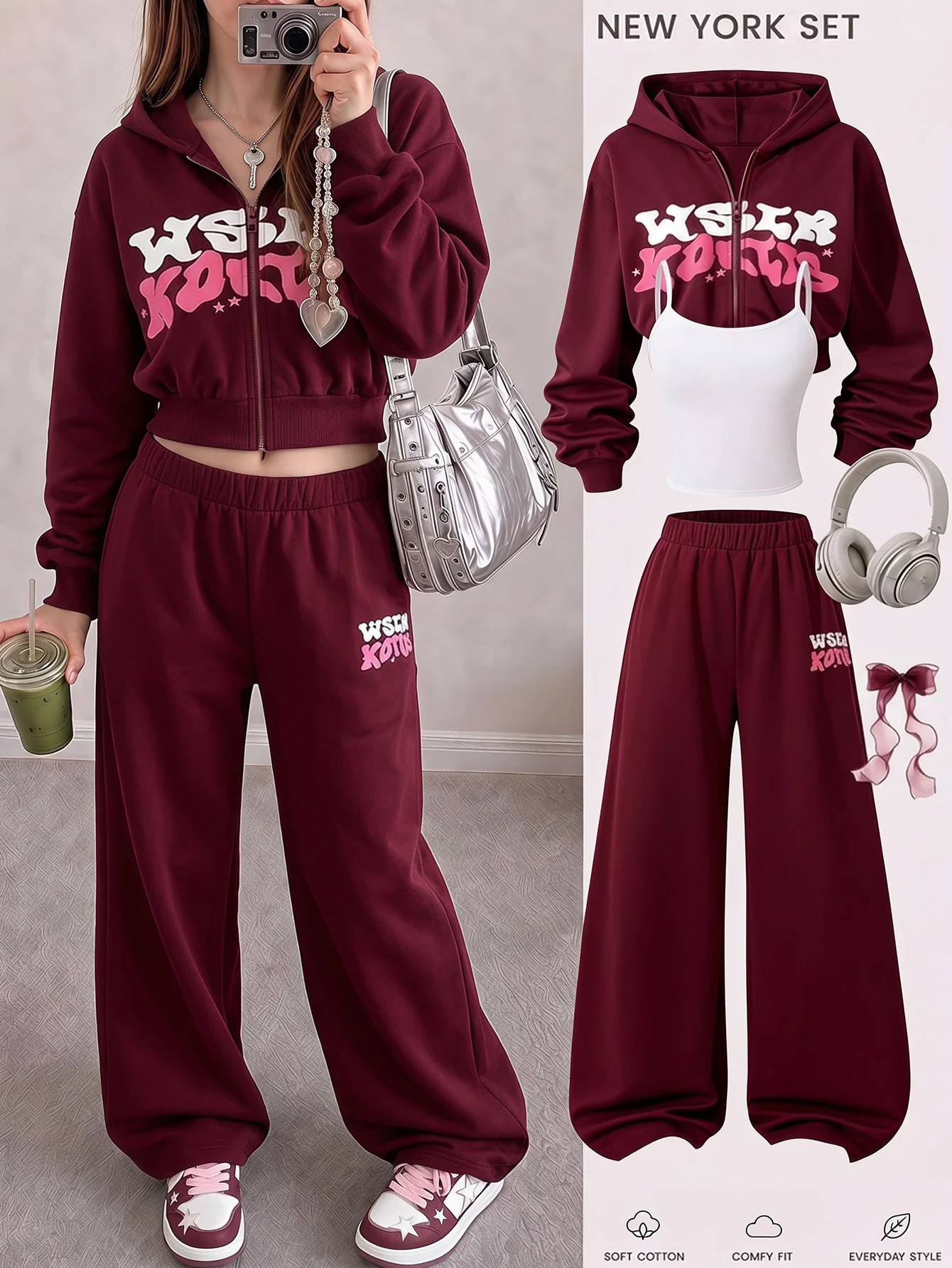 Ensemble 3 pièces pour adolescent, style décontracté streetwear, mignon et — vue 3