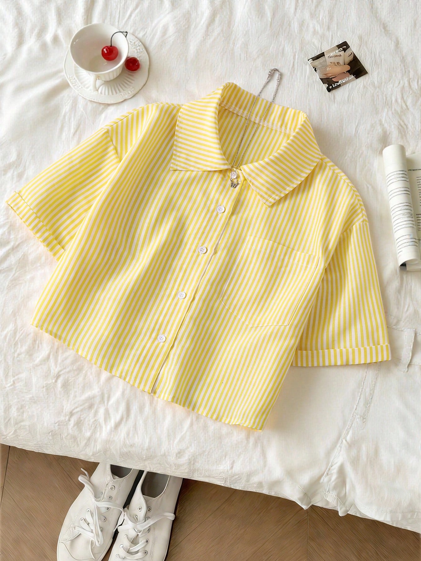 Chemise à manches courtes pour adolescente, imprimé carreaux noir et blanc avec — vue 3
