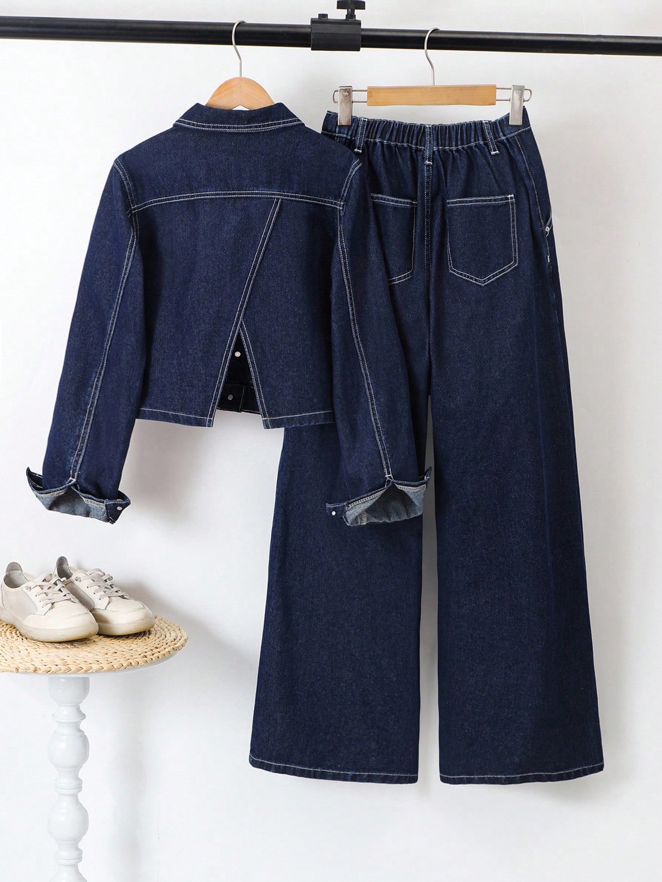 2 pièces/Set Ado Fille Veste courte en jean bleu marine à manches longues avec col — vue 3