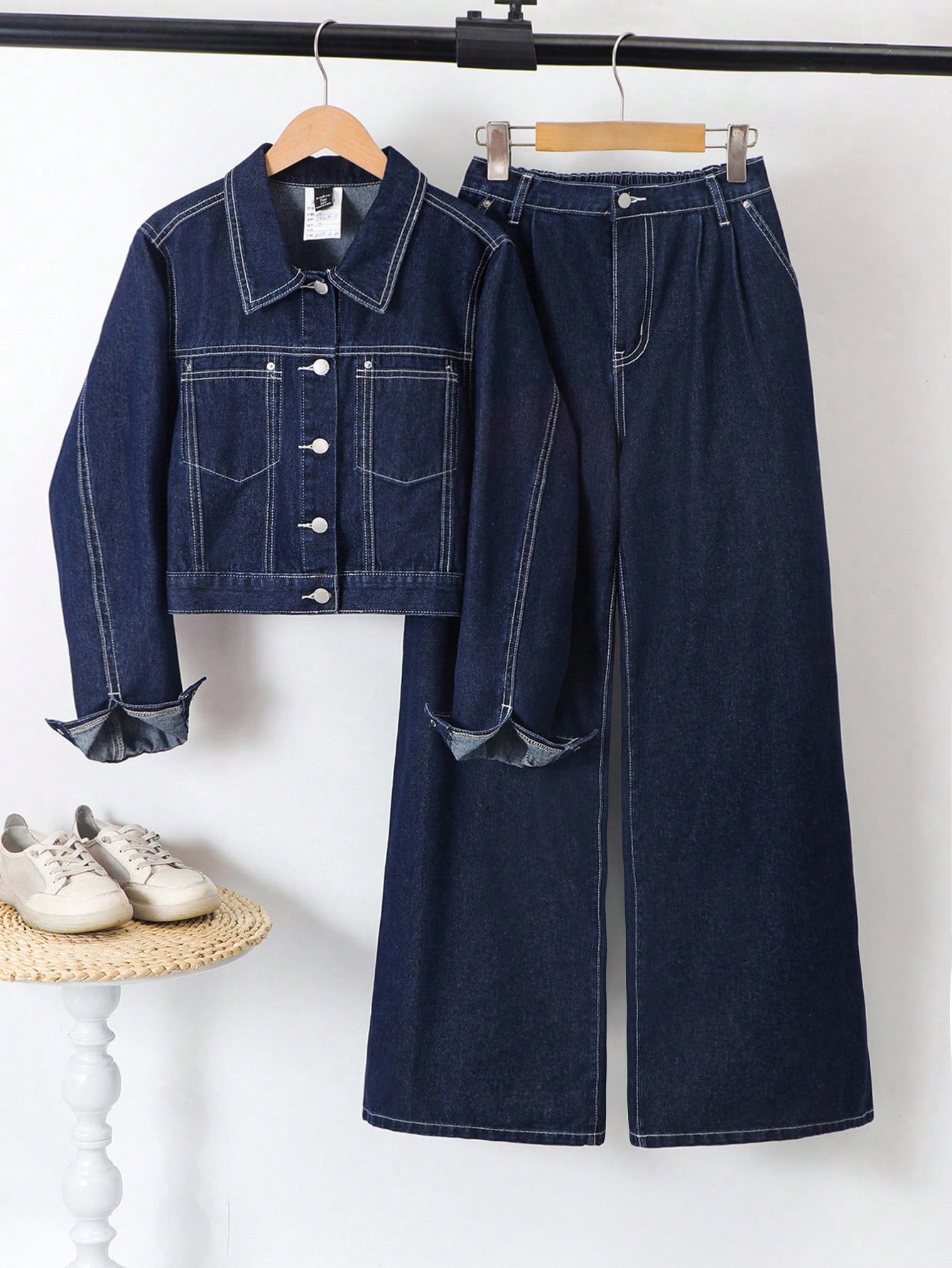 2 pièces/Set Ado Fille Veste courte en jean bleu marine à manches longues avec col
