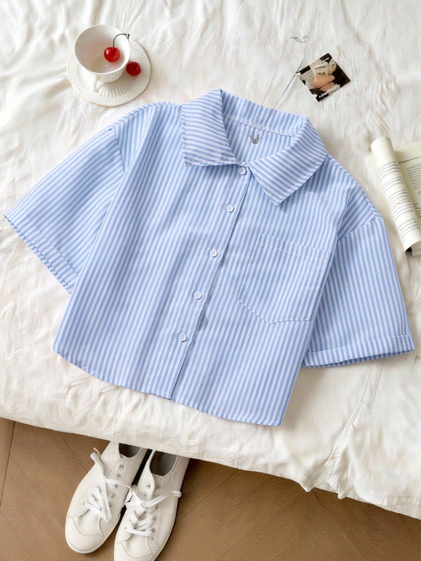 Chemise à manches courtes pour adolescente, imprimé carreaux noir et blanc avec