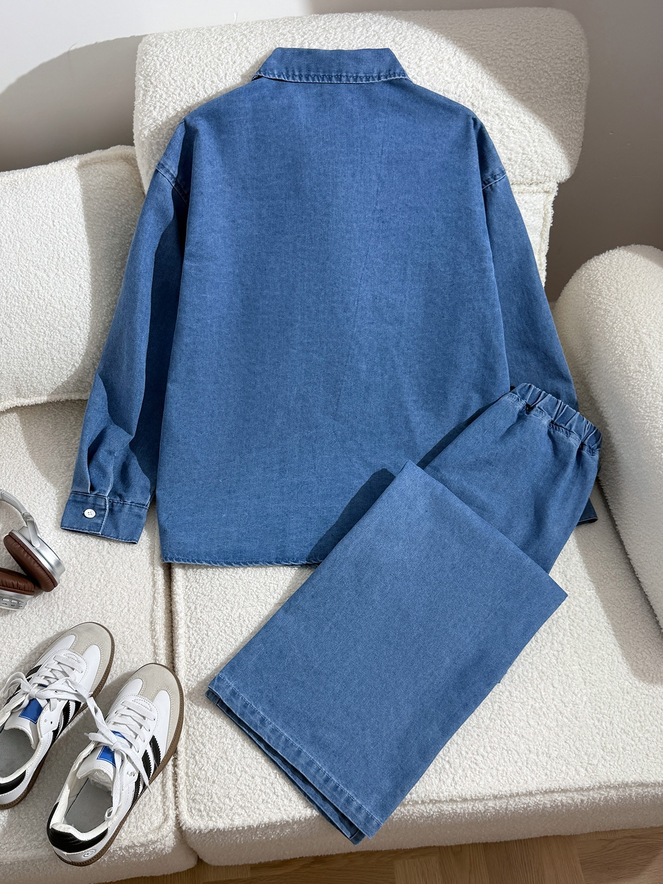 2 pièces/Set Ado Fille Veste courte en jean bleu marine à manches longues avec col — vue 6