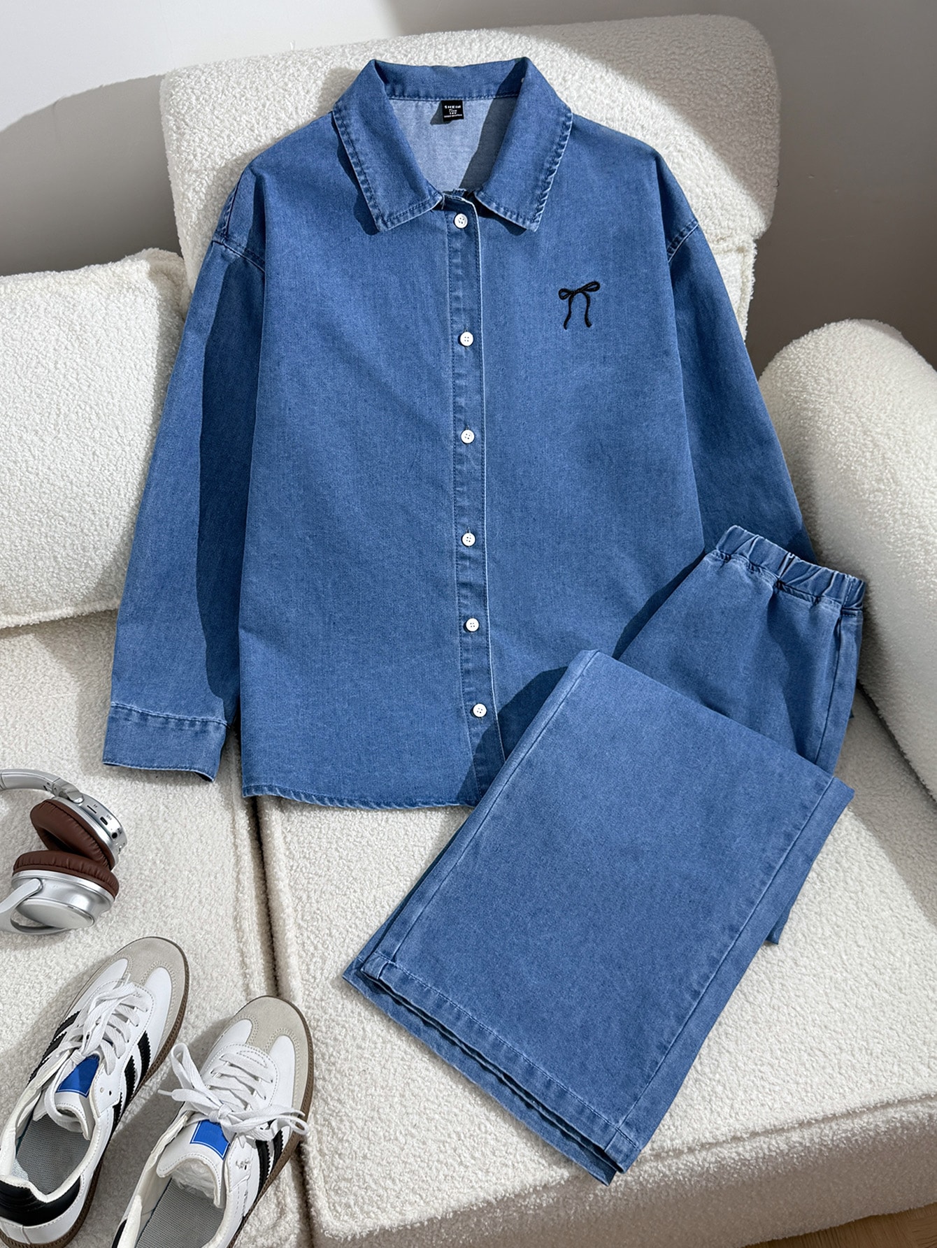 2 pièces/Set Ado Fille Veste courte en jean bleu marine à manches longues avec col — vue 4