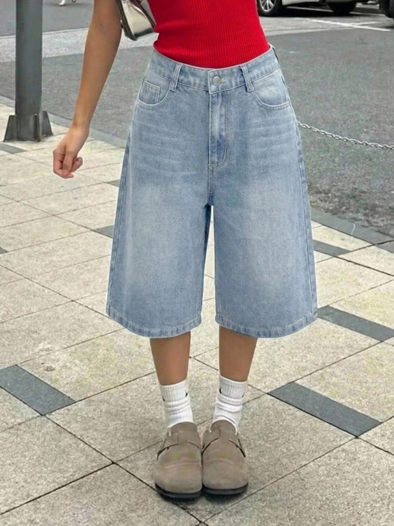 Shorts en jean ample à design de poche lavé rétro Y2K pour adolescentes, shorts en — vue 7