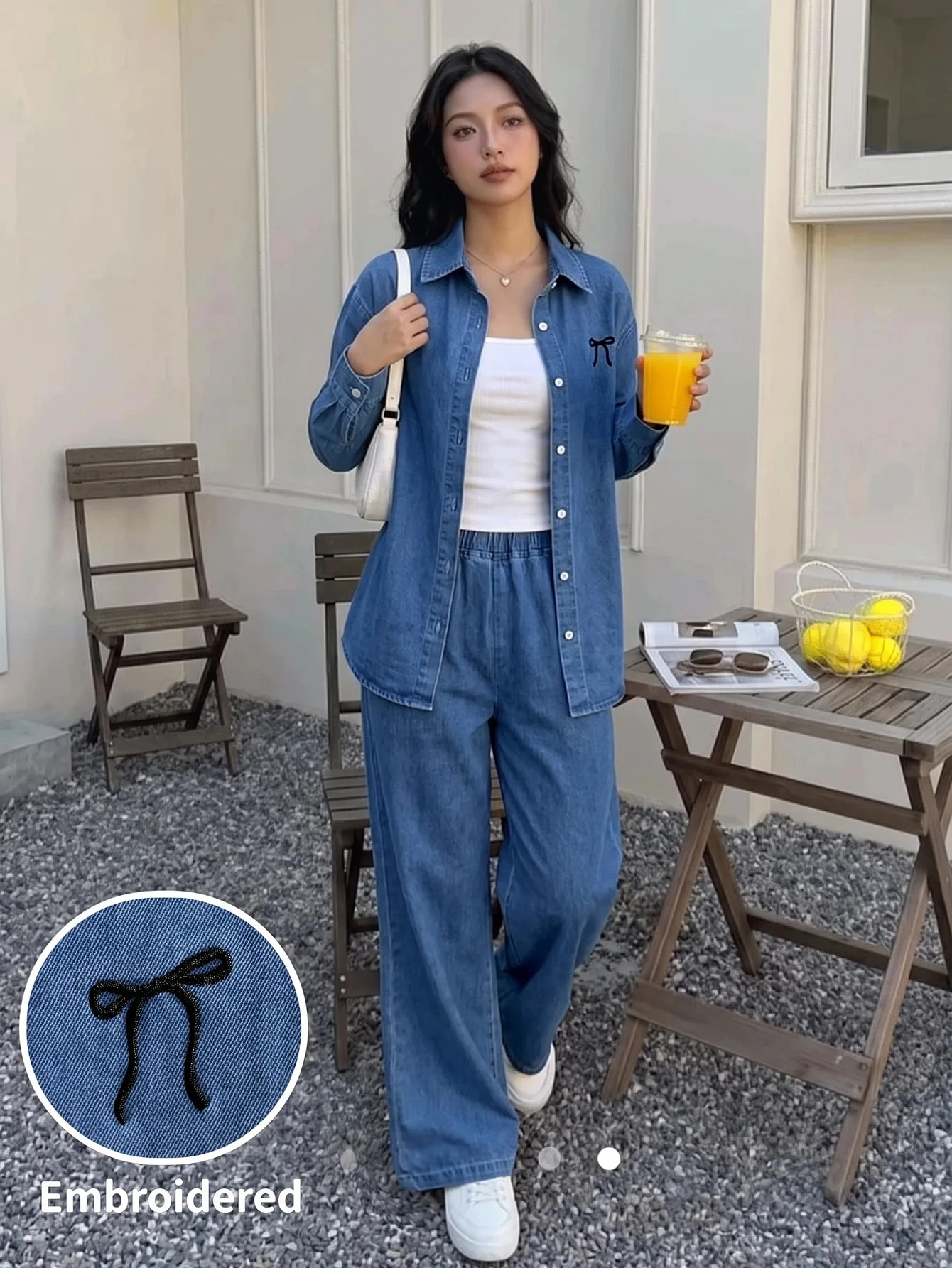 2 pièces/Set Ado Fille Veste courte en jean bleu marine à manches longues avec col — vue 10