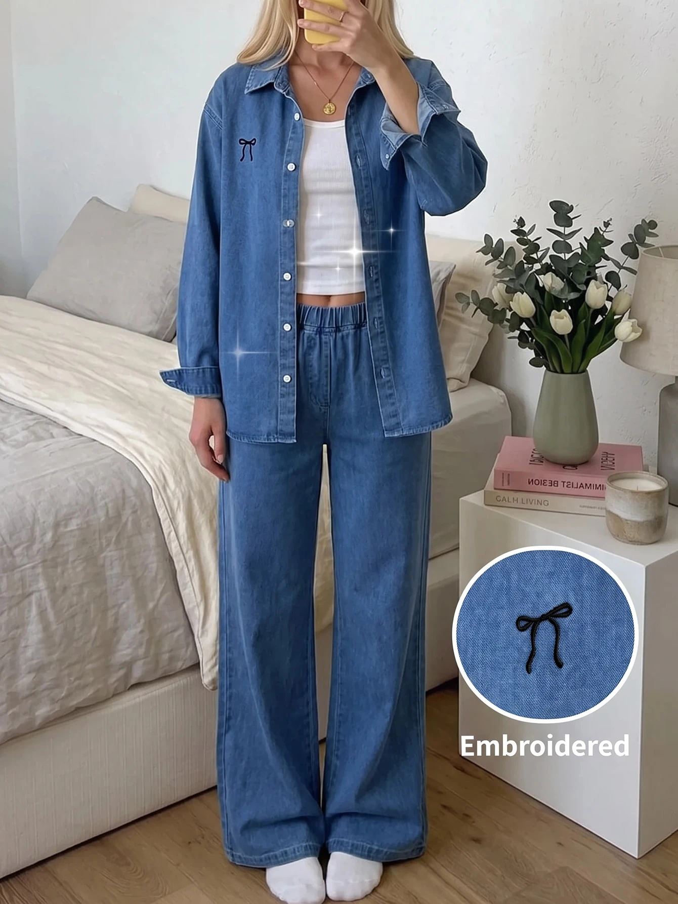 2 pièces/Set Ado Fille Veste courte en jean bleu marine à manches longues avec col — vue 8