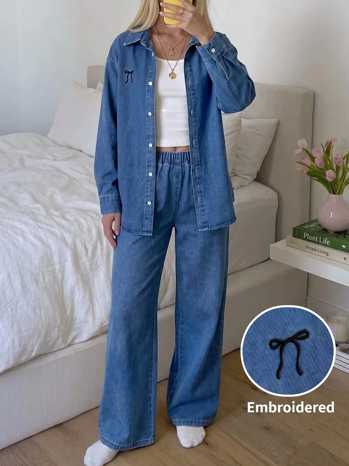 2 pièces/Set Ado Fille Veste courte en jean bleu marine à manches longues avec col — vue 12