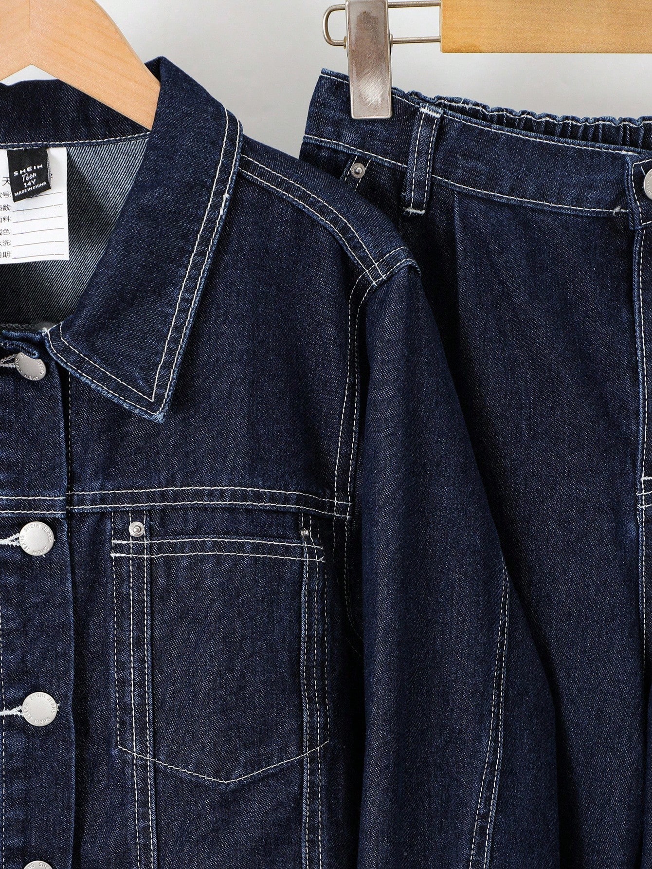 2 pièces/Set Ado Fille Veste courte en jean bleu marine à manches longues avec col — vue 9