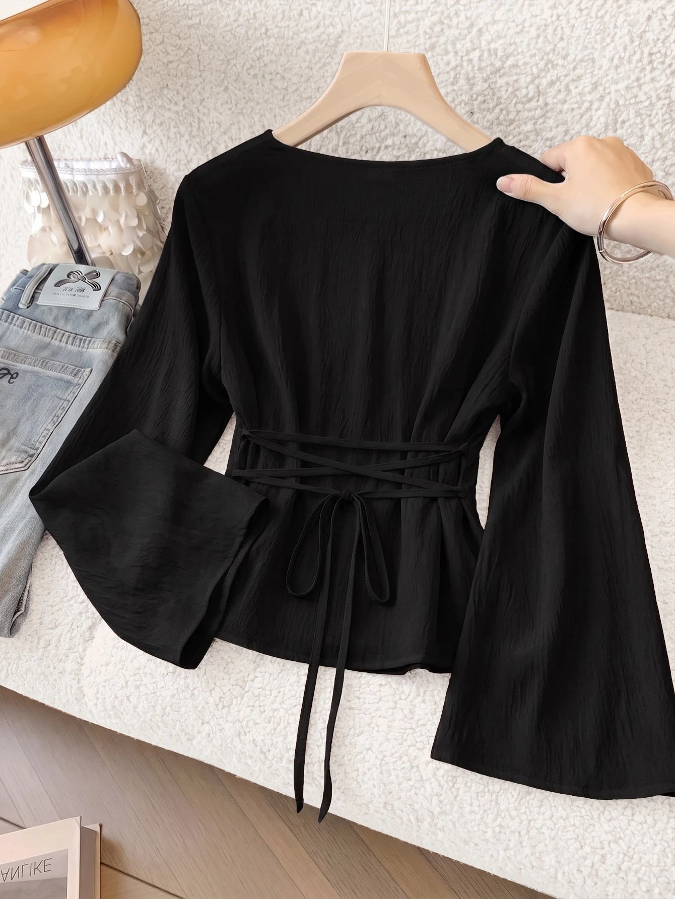Blouses pour adolescentes, nouvelles, couleur noire unie, tissu tissé, chemise simple