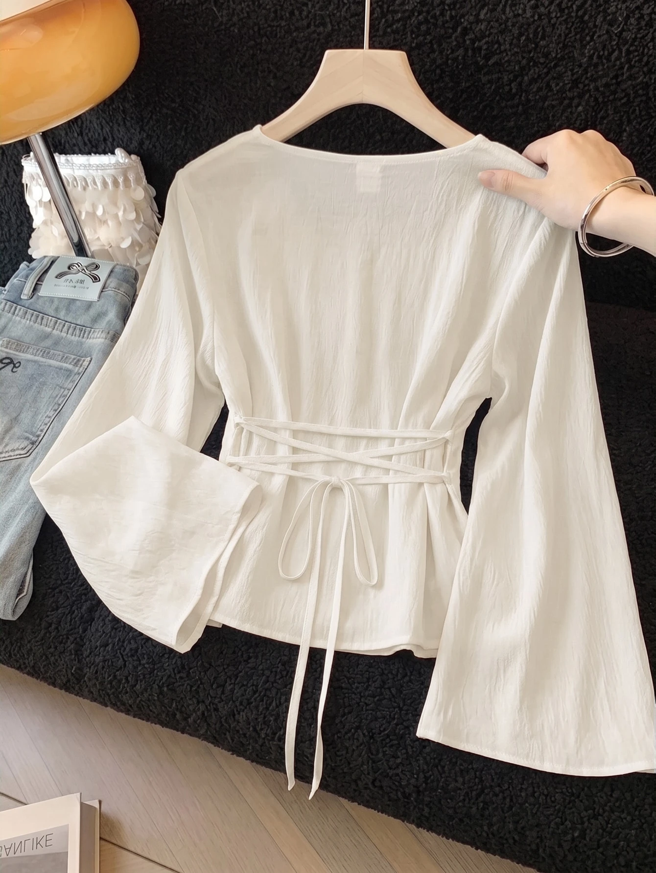 Blouses pour adolescentes, nouvelles, couleur noire unie, tissu tissé, chemise simple — vue 5