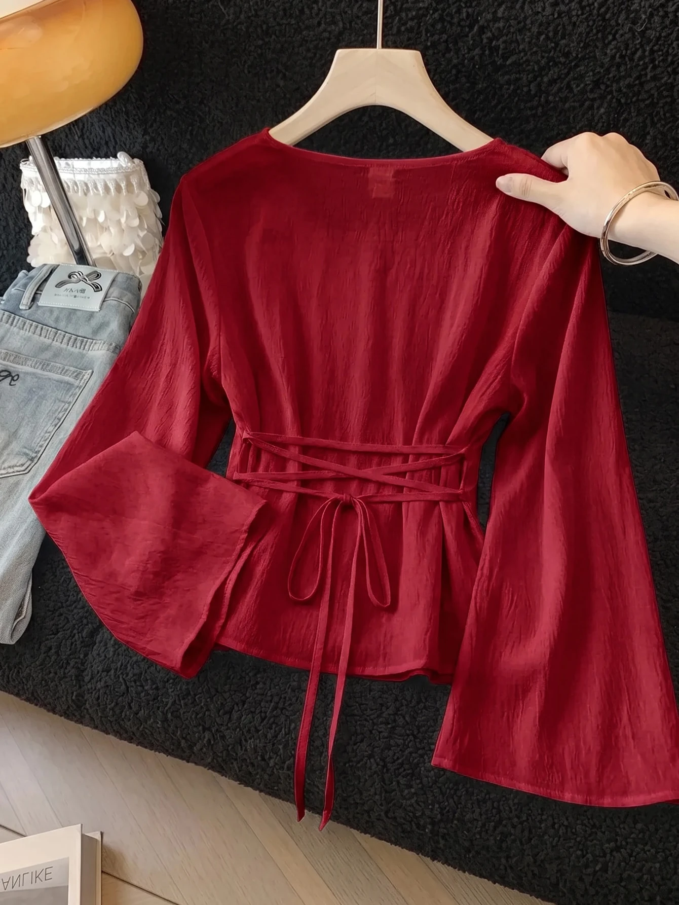 Blouses pour adolescentes, nouvelles, couleur noire unie, tissu tissé, chemise simple — vue 4