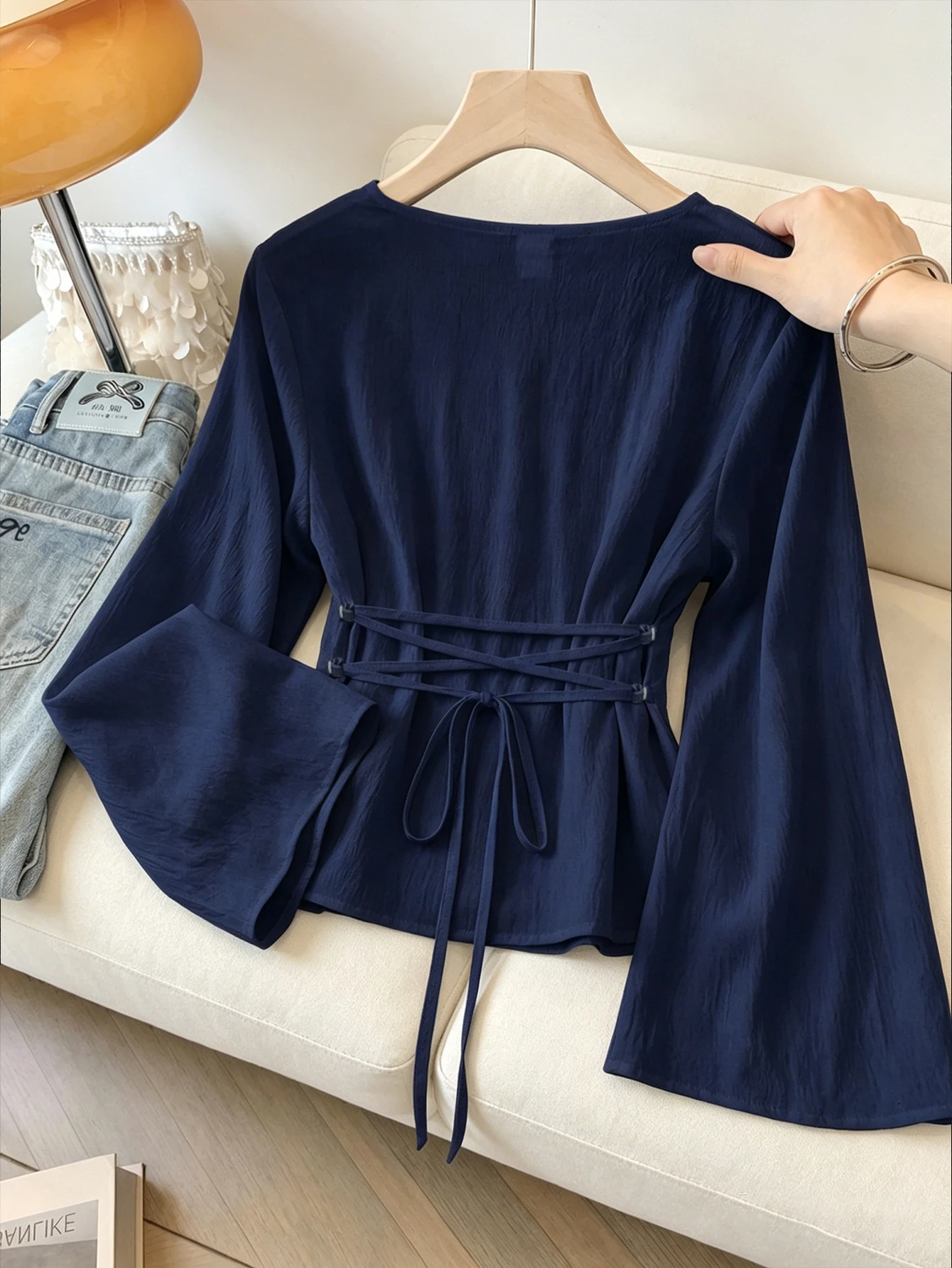 Blouses pour adolescentes, nouvelles, couleur noire unie, tissu tissé, chemise simple — vue 9