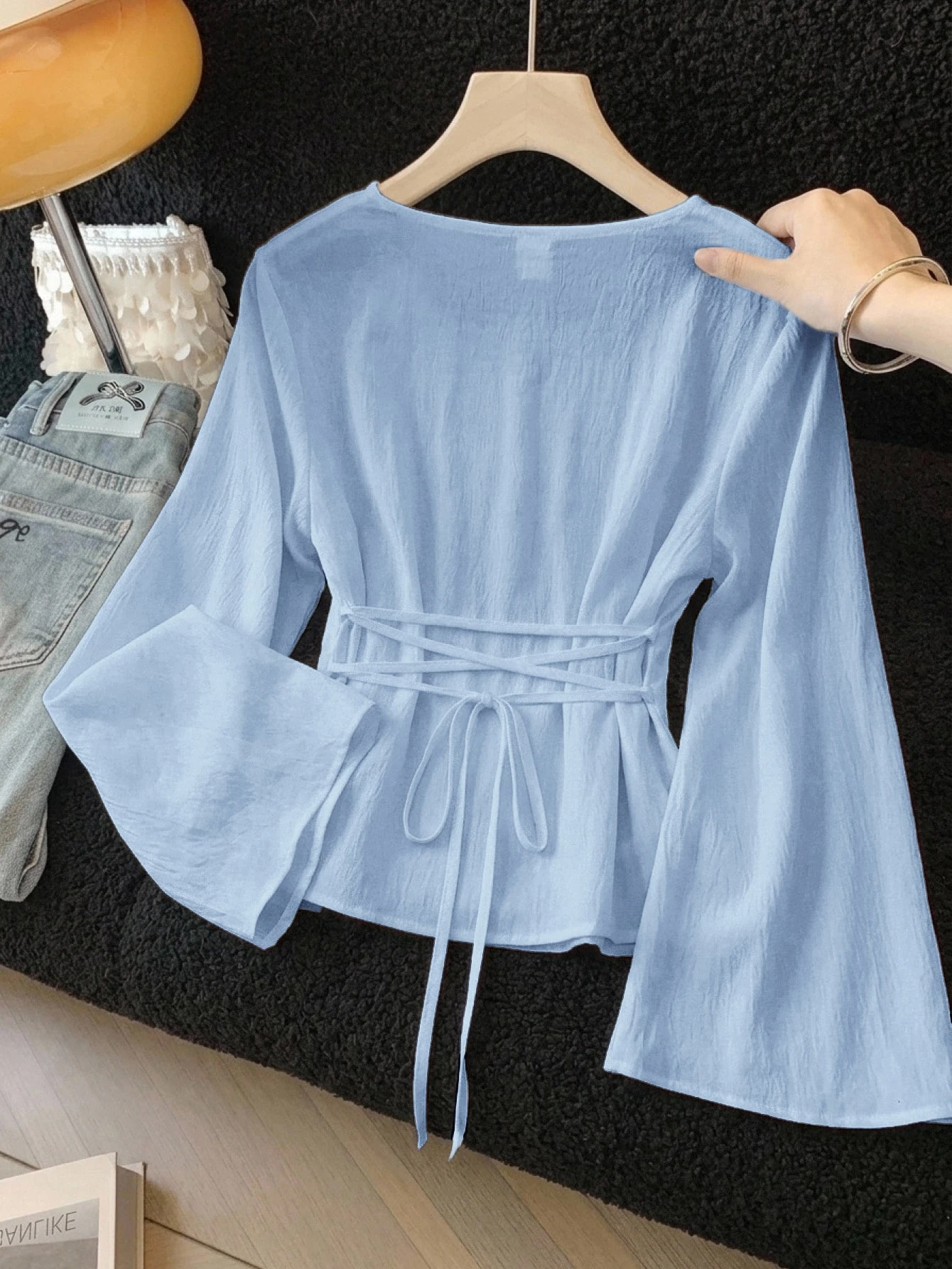 Blouses pour adolescentes, nouvelles, couleur noire unie, tissu tissé, chemise simple — vue 8