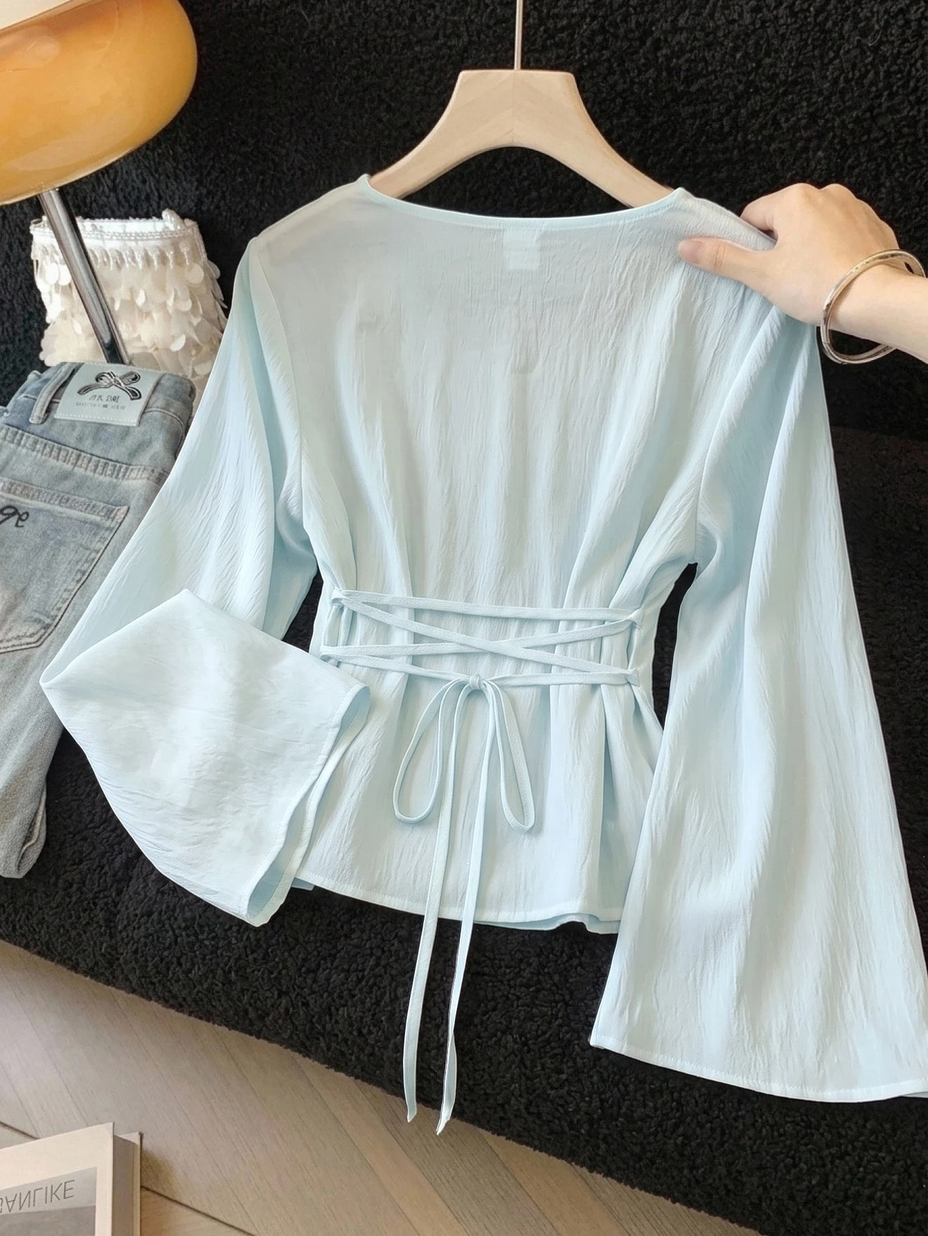 Blouses pour adolescentes, nouvelles, couleur noire unie, tissu tissé, chemise simple — vue 7