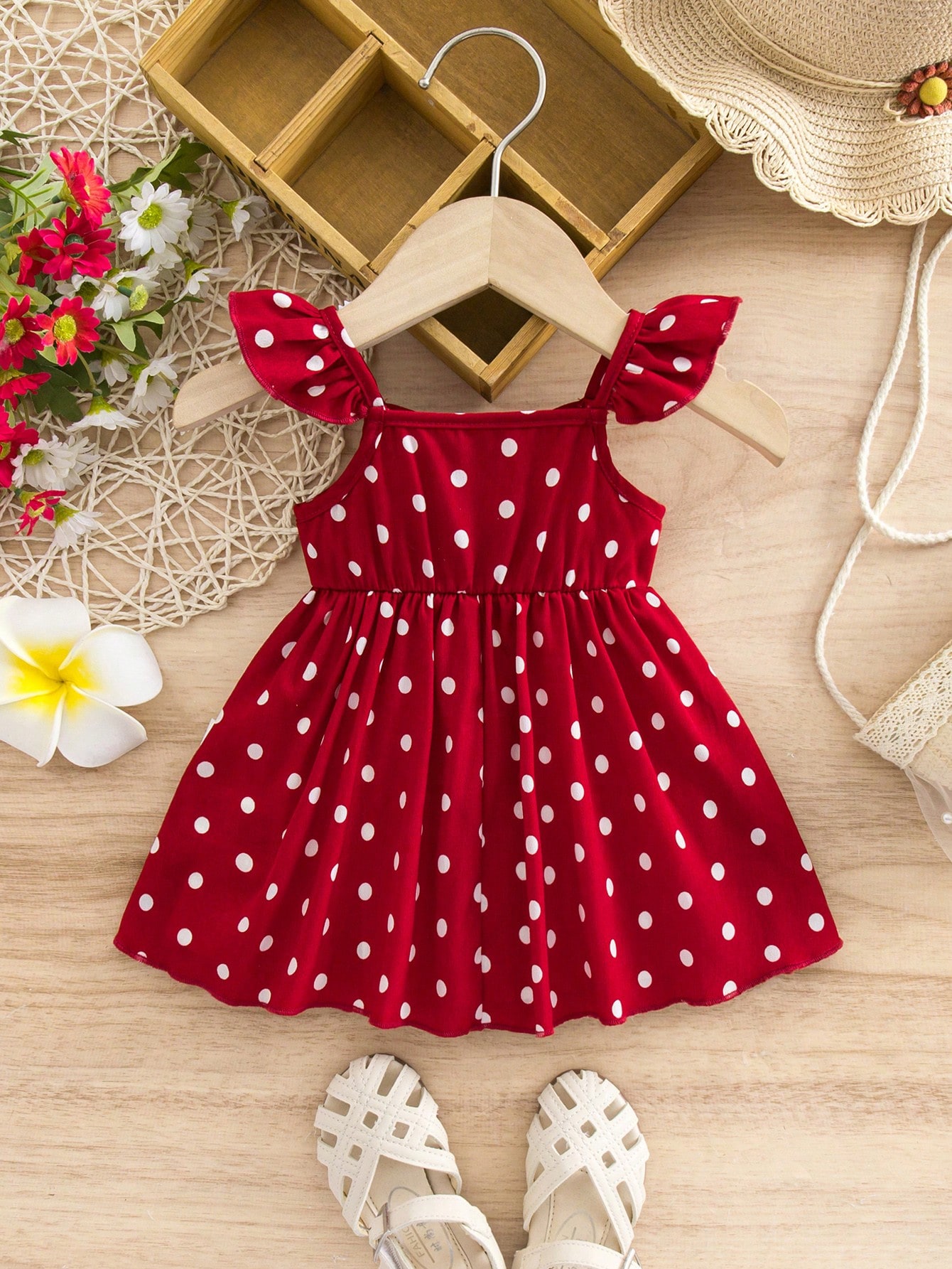 Robe décontractée de vacances mignonne à pois rouges avec manches volantées pour — vue 5